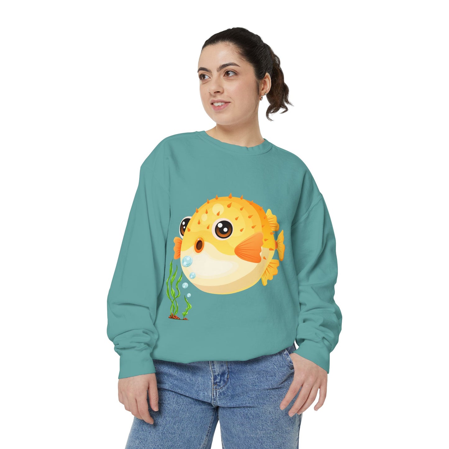 Cartoon Pufferfish with seaweed Unisex Garment-Dyed Sweatshirt
