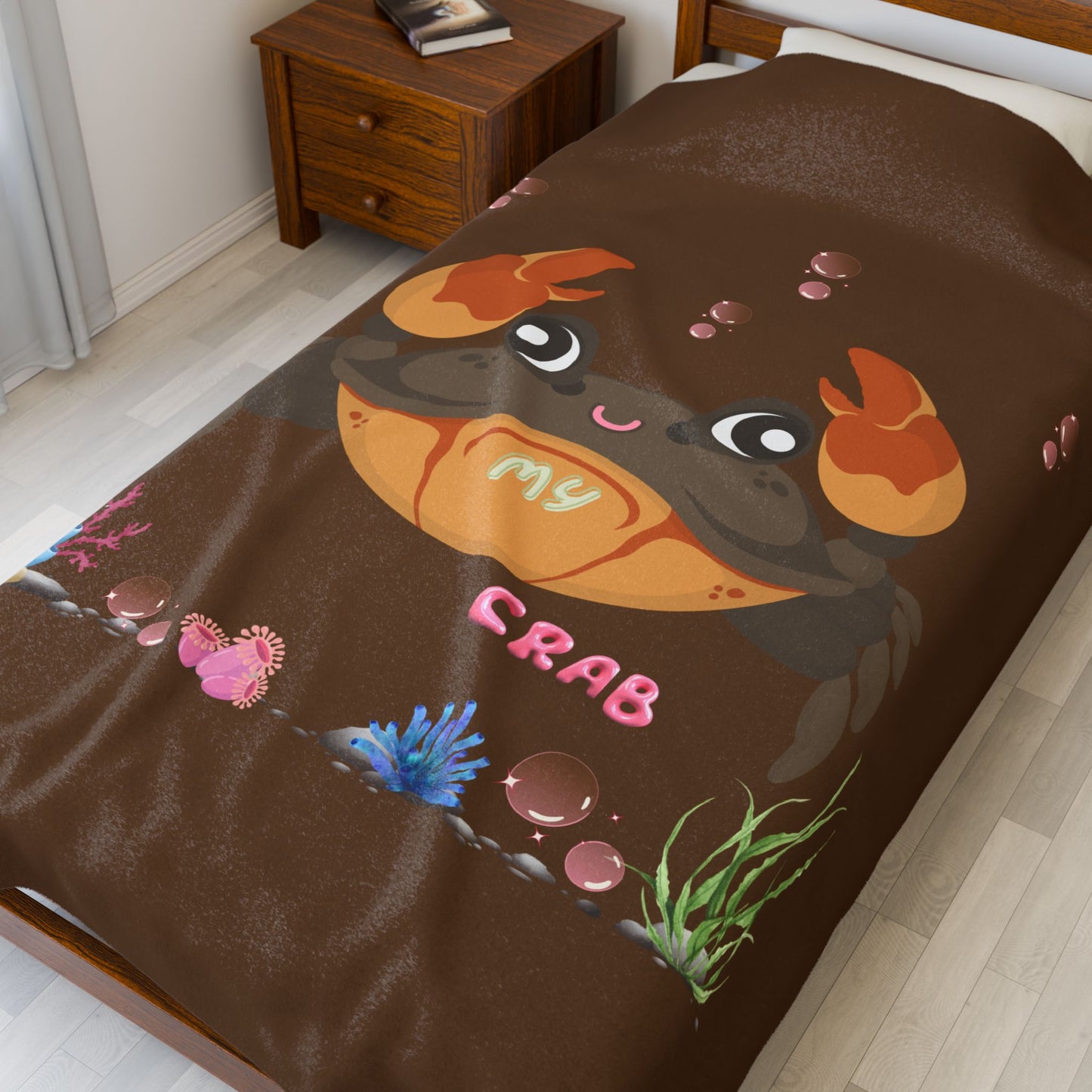 Crab with subtle bubbles and underwater flora Velveteen Plush Blanket