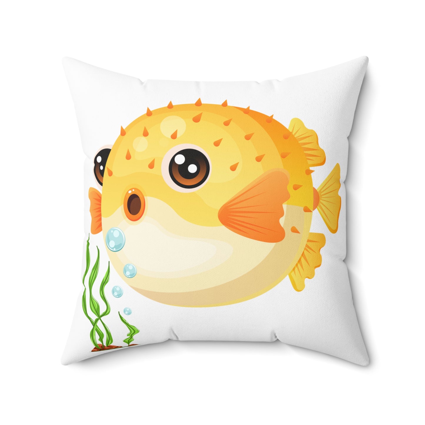 Cartoon Pufferfish with seaweed Spun Polyester Square Pillow