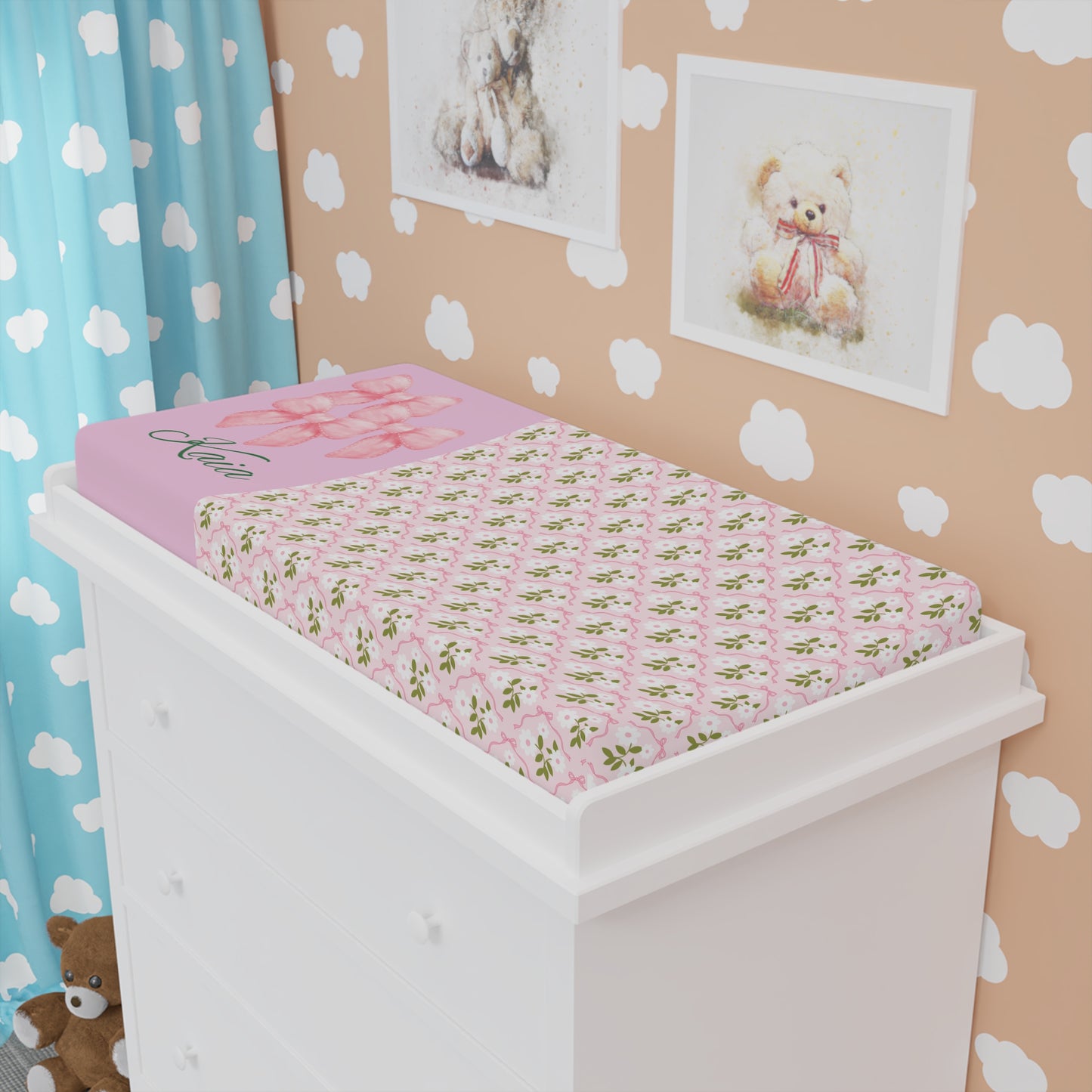 Baby Changing Pad Cover — Pink Floral Bow Pattern, Personalized Name Option