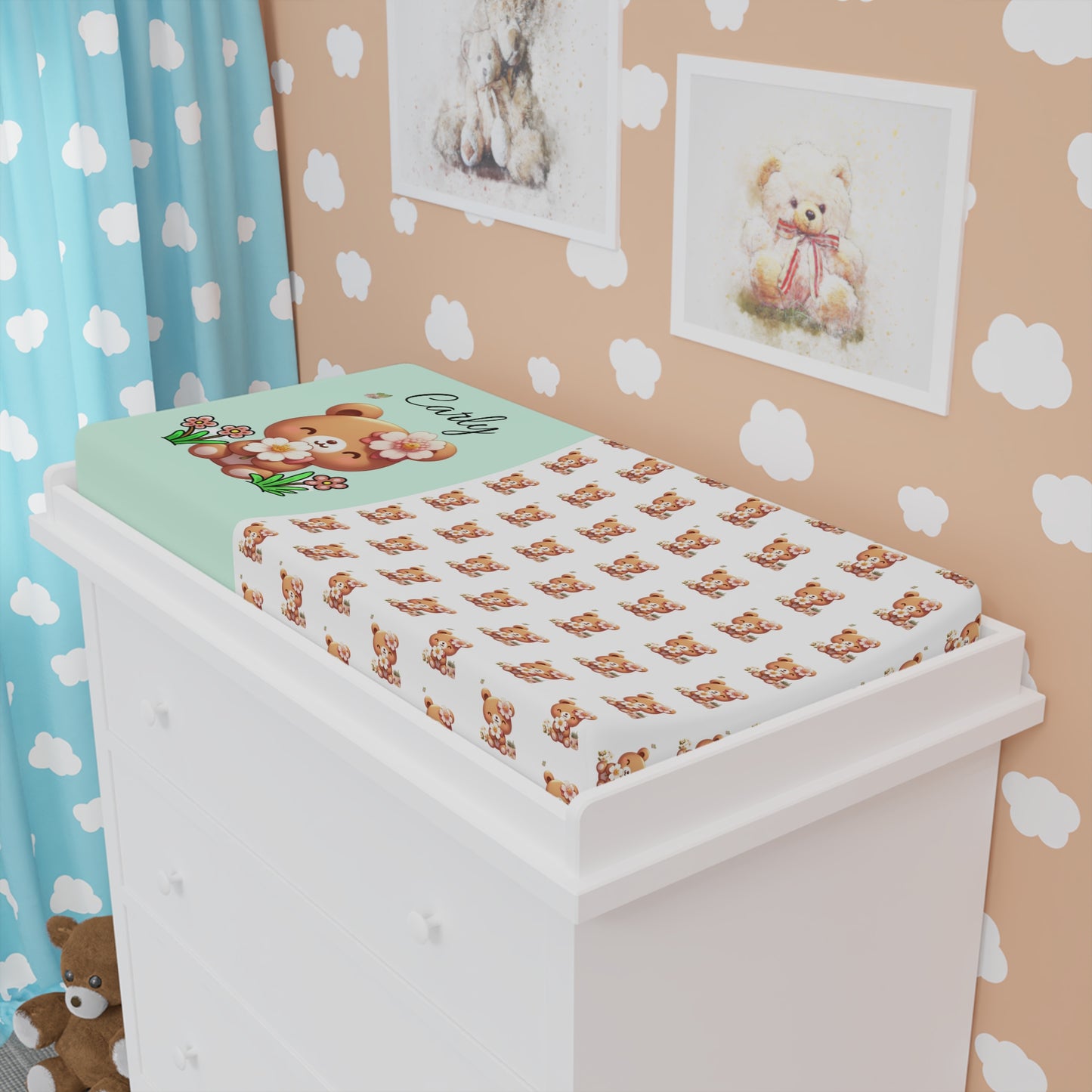 Changing Pad Cover - Cute Teddy Bear Floral Nursery (Custom Name Option)
