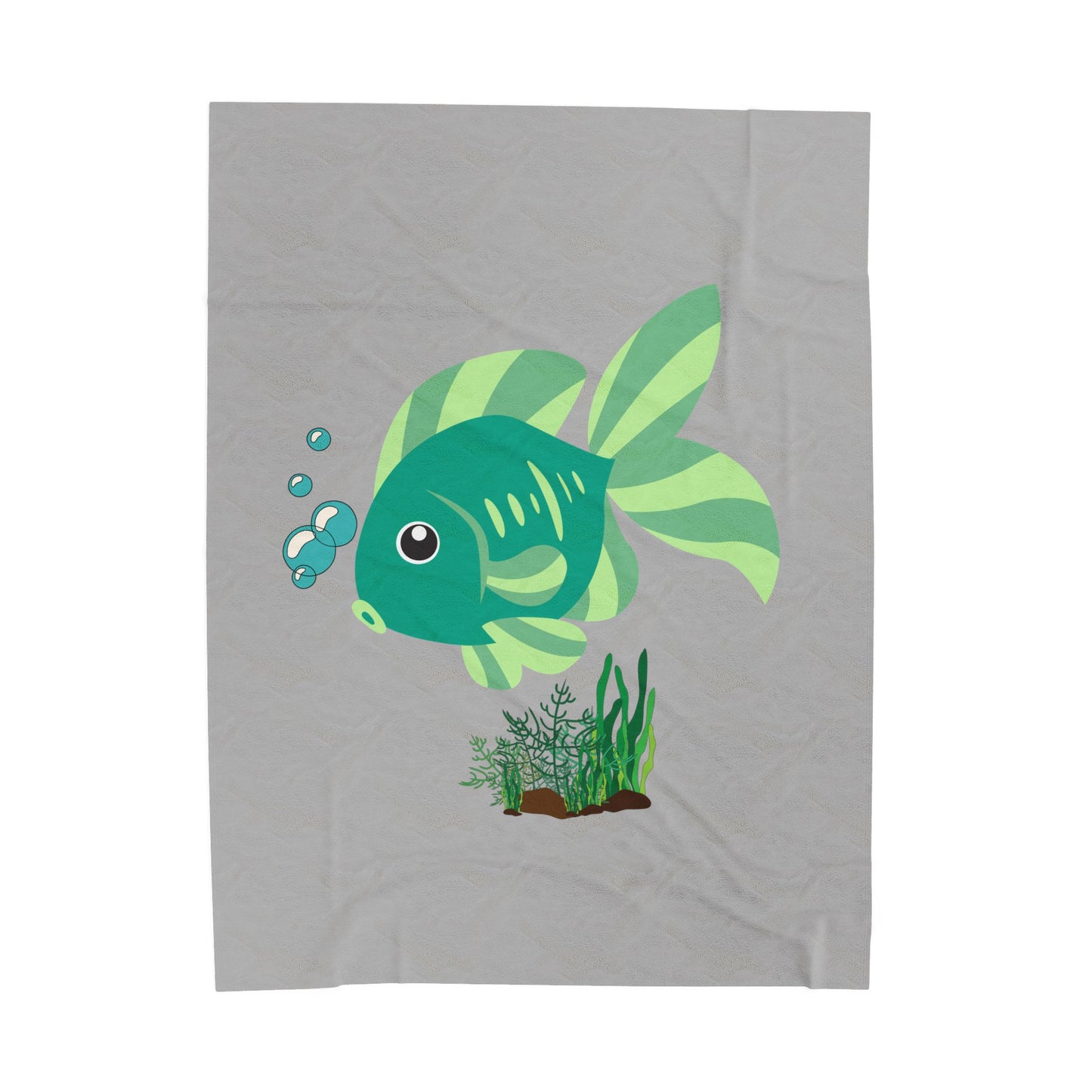 Green fish with bubbles and aquatic plants Velveteen Plush Blanket