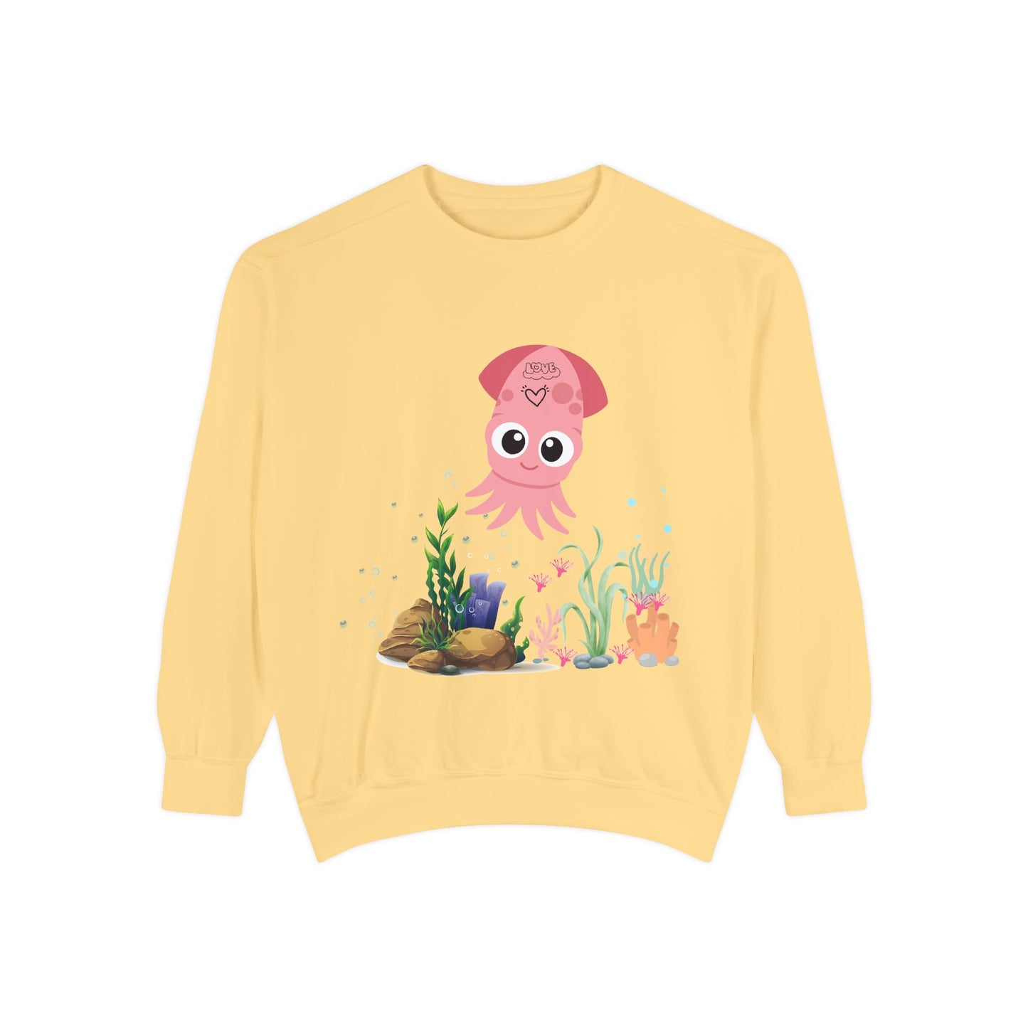 Pink squid cartoon with love Unisex Garment-Dyed Sweatshirt