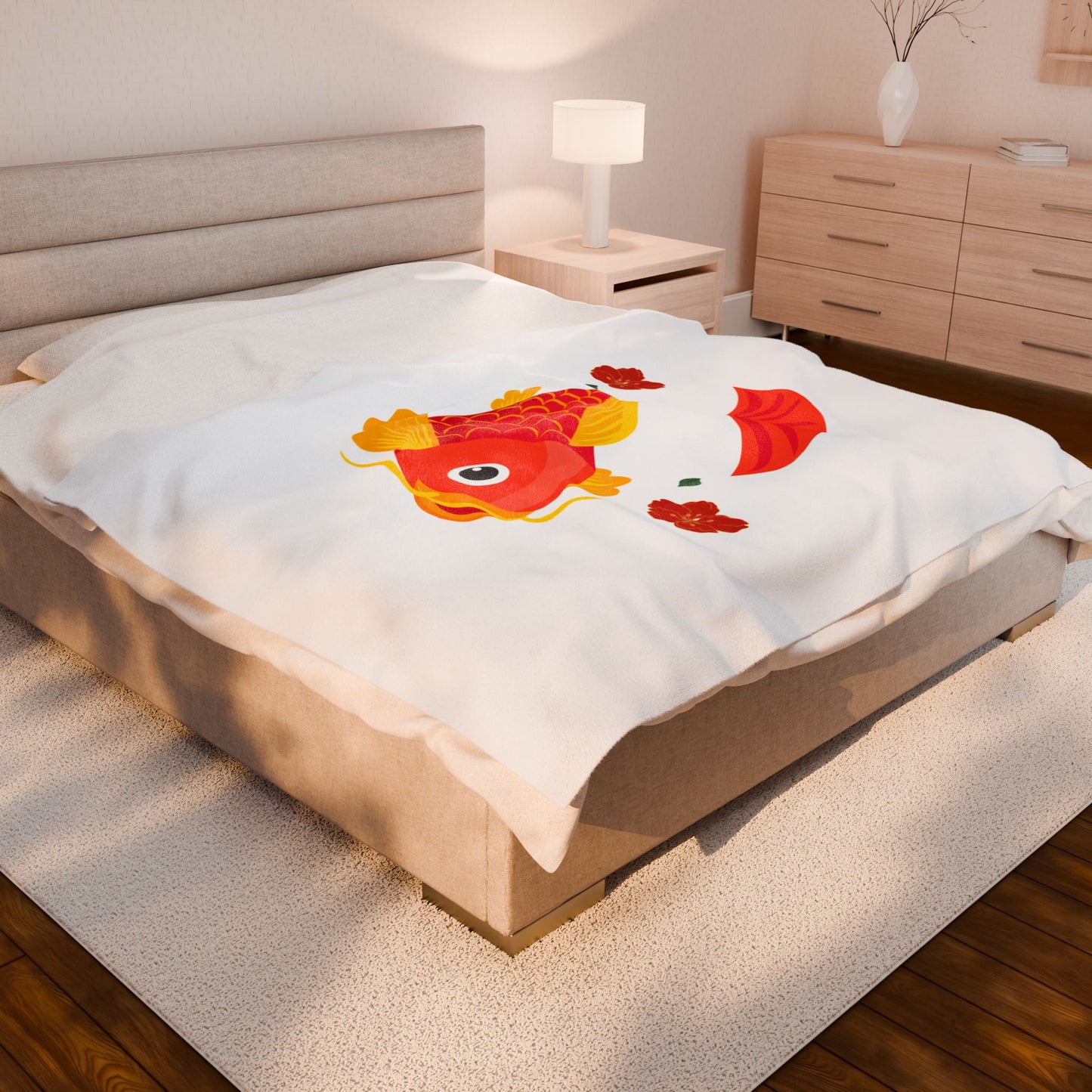 Goldfish with flowing fins and red blossoms Velveteen Plush Blanket