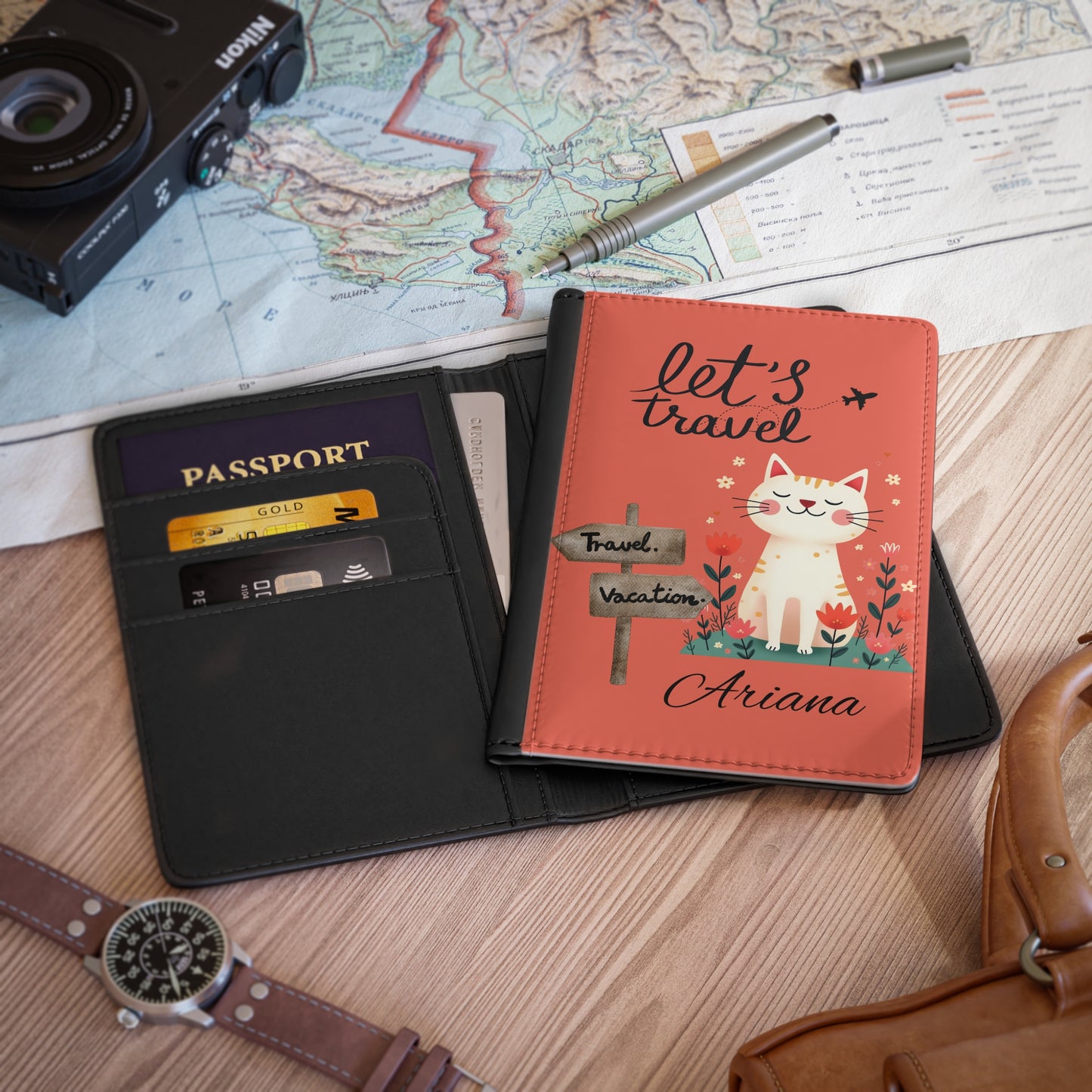 Personalized Cat Passport Cover – “Let’s Travel” Cute Travel Wallet with Name