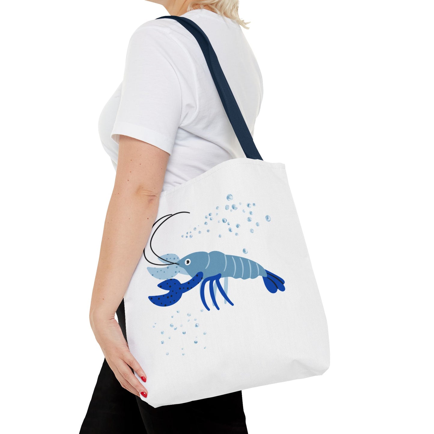 Blue shrimp with dark blue claws and bubbles Tote Bag