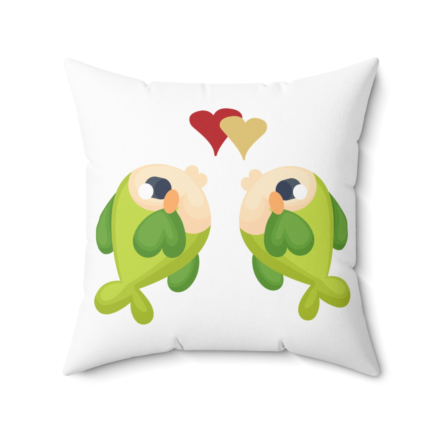 Two hearts float between the fish one red and one yellow Spun Polyester Square Pillow