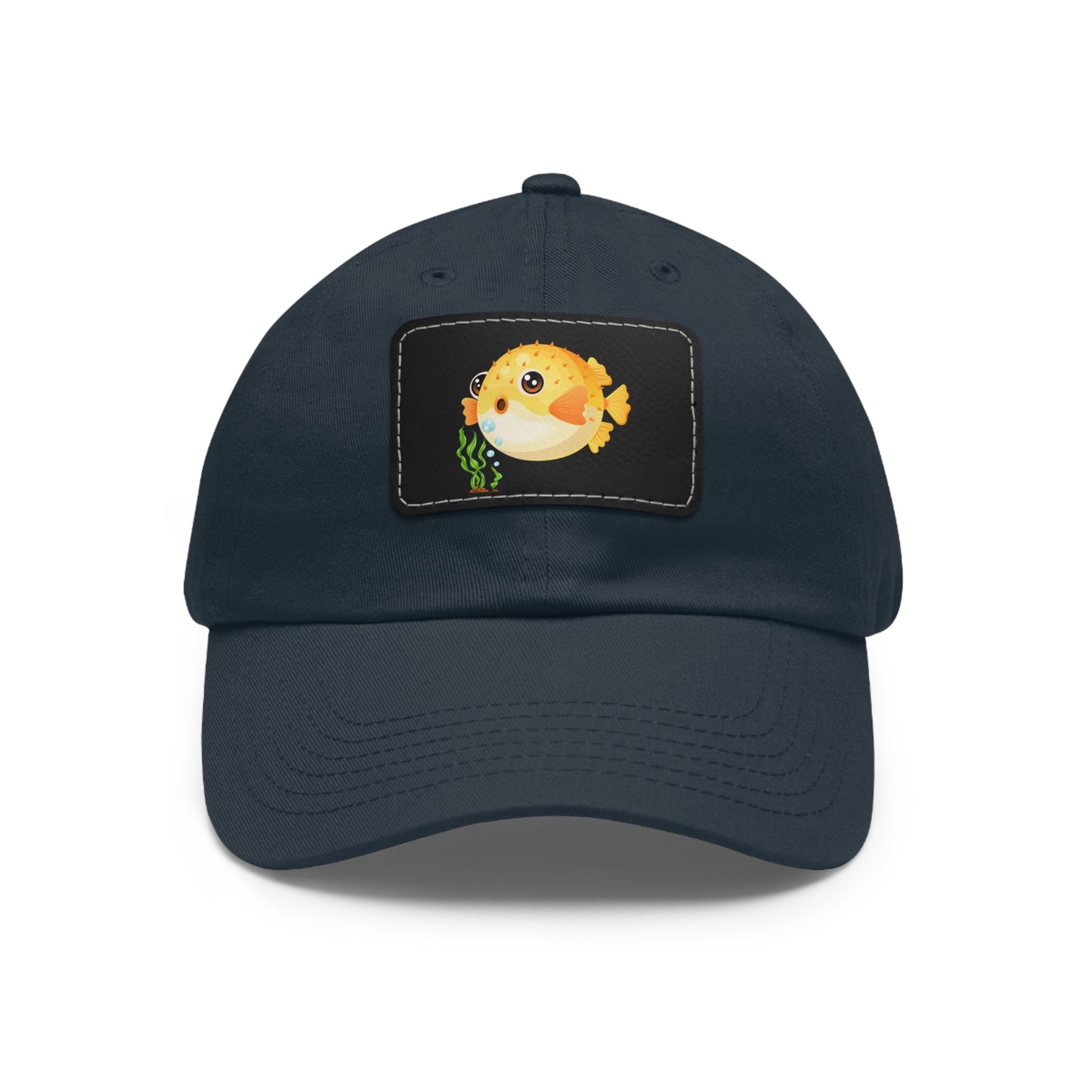 Cartoon Pufferfish with seaweed Dad Hat with Leather Patch (Rectangle)