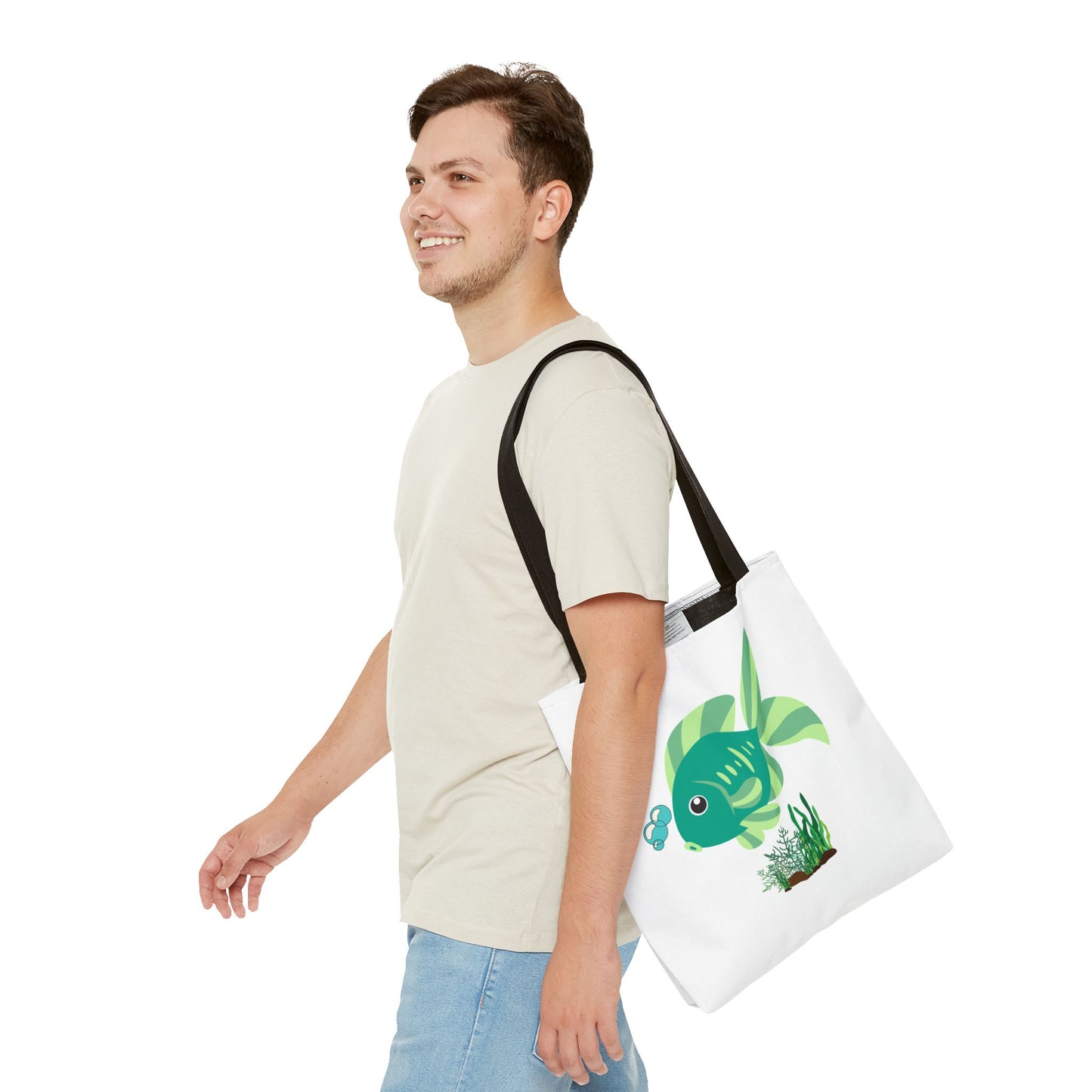 Green fish with bubbles and aquatic plants Tote Bag