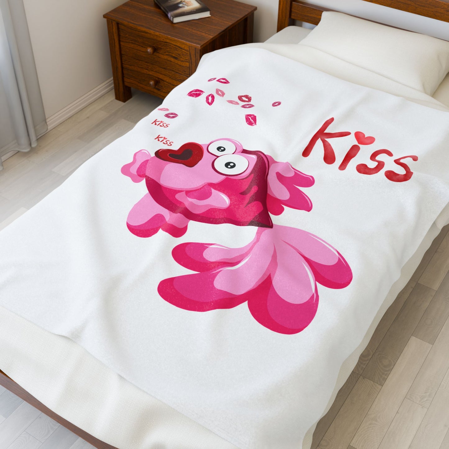 Pink fish with open mouth and kiss Velveteen Plush Blanket