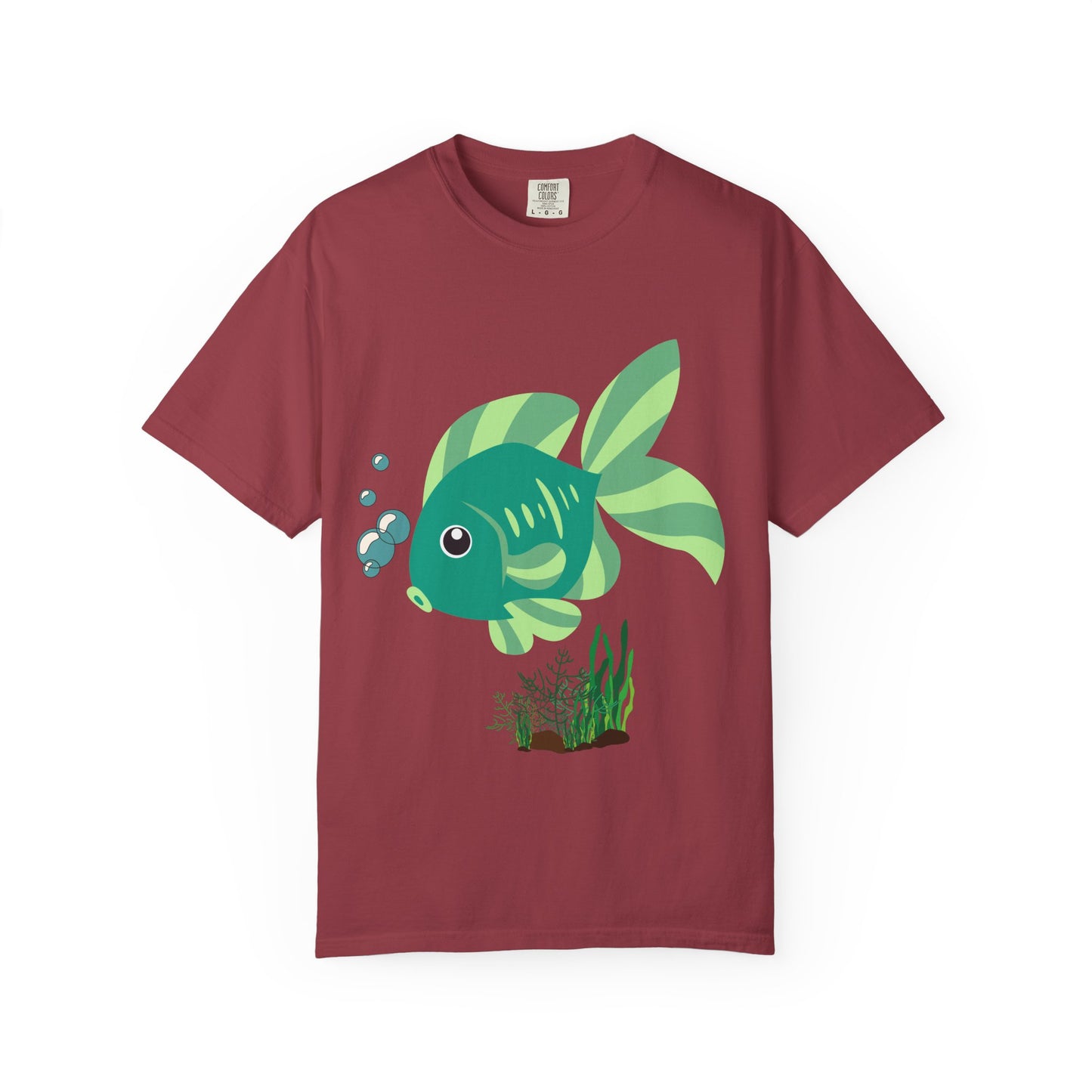 Green fish with bubbles and aquatic plants Unisex Garment-Dyed T-shirt