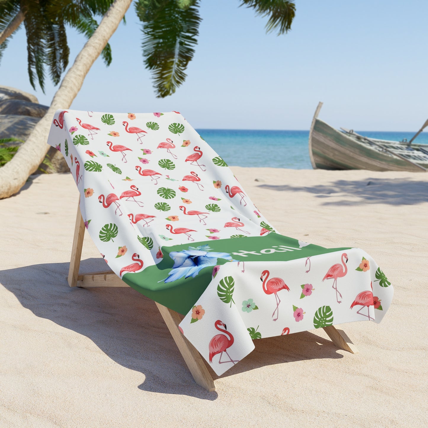 Personalized Flamingo Beach Towel — Tropical Hibiscus Name Towel