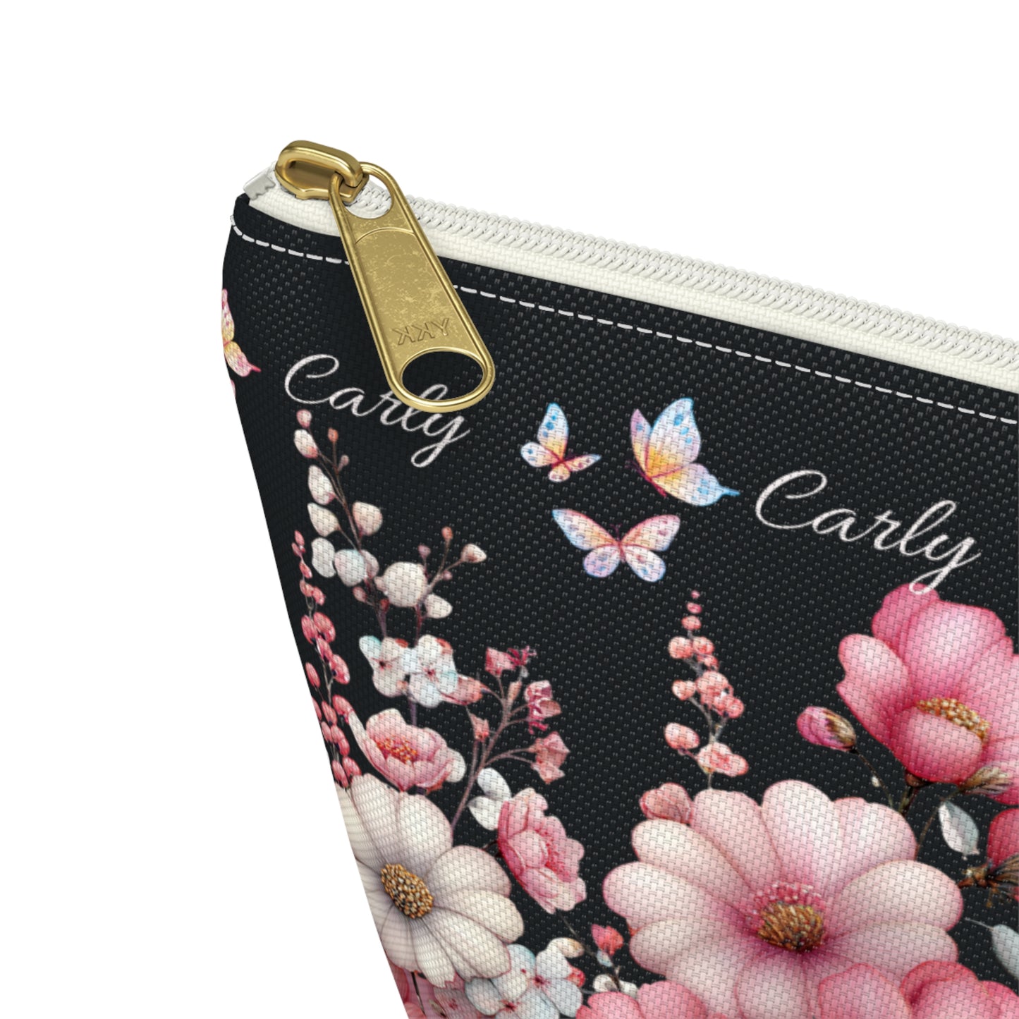 Floral Cosmetic Pouch with Pink Blooms — Personalized 'Carly' Accessory Bag