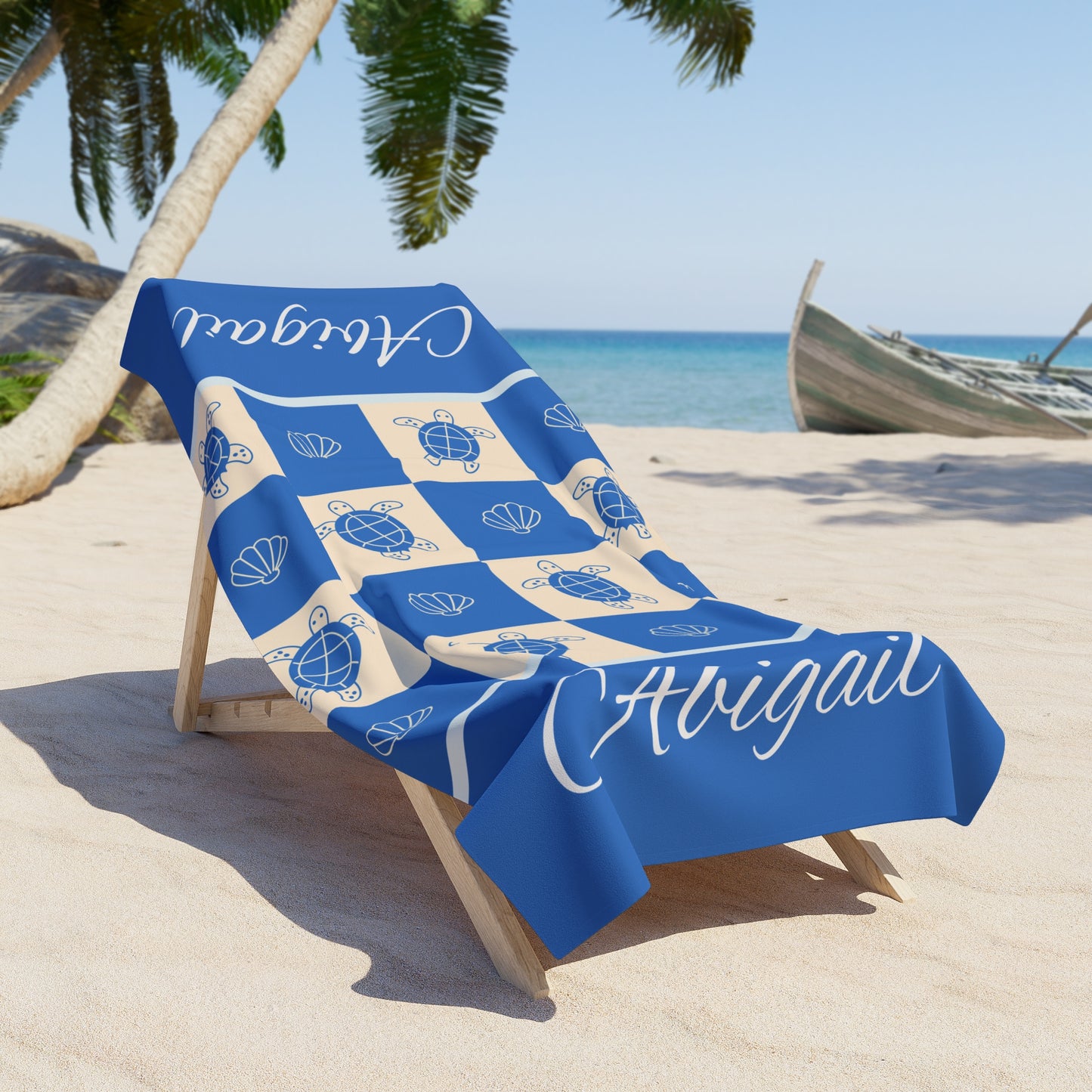 Personalized Abigail Beach Towel – Nautical Sea Turtle & Shell Checkerboard