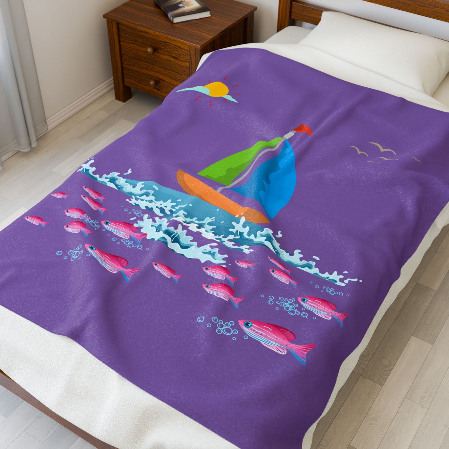 Sailboat and Red fish Velveteen Plush Blanket