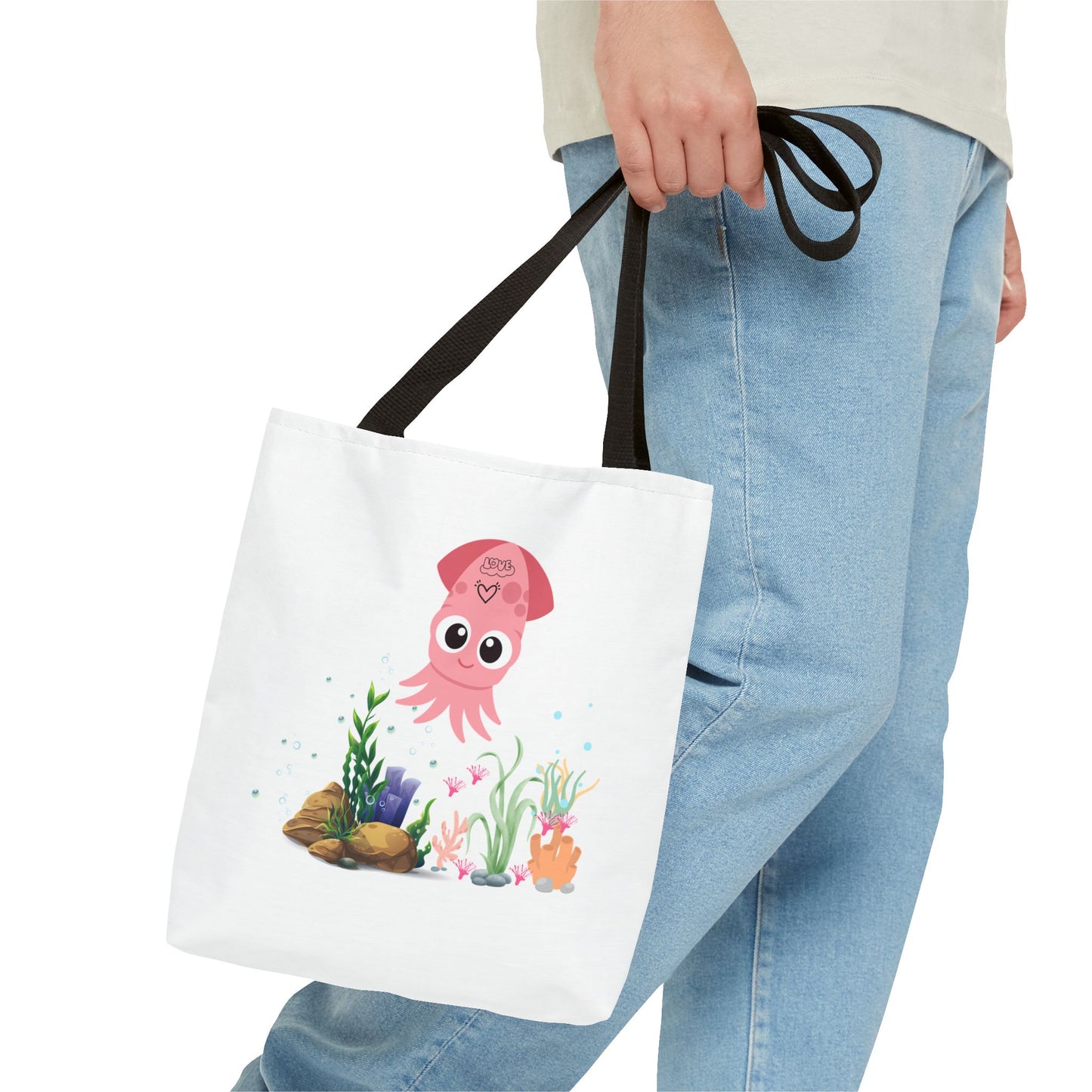 Pink squid cartoon with love Tote Bag