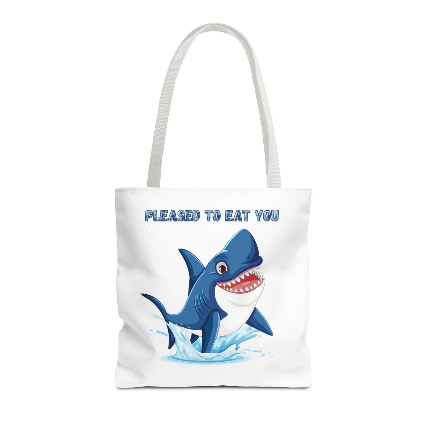 Humorous cartoon shark with threatening text Tote Bag