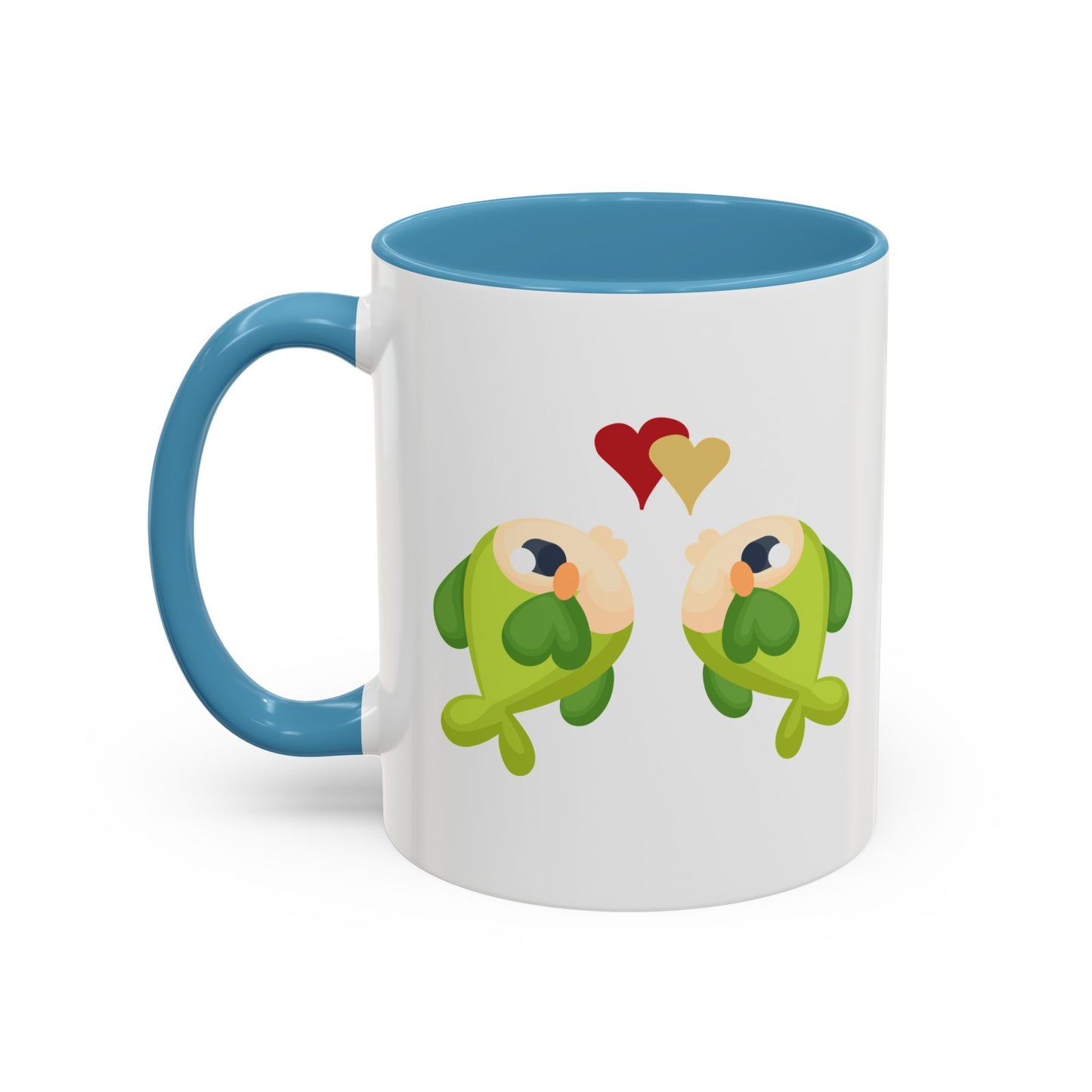 Two hearts float between the fish one red and one yellow. Coffee Mug