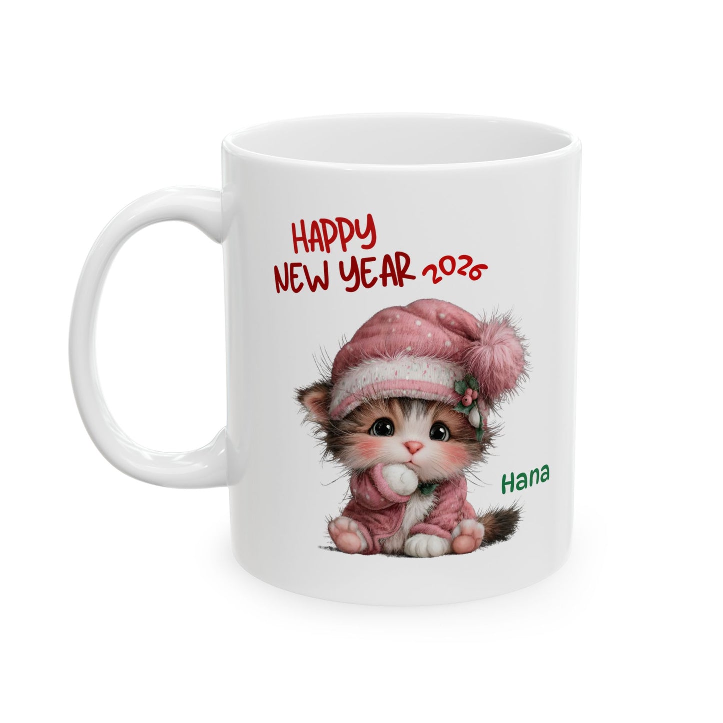 Happy New Year Kitty Ceramic Mug — Personalized Cat Coffee Cup (11oz/15oz)