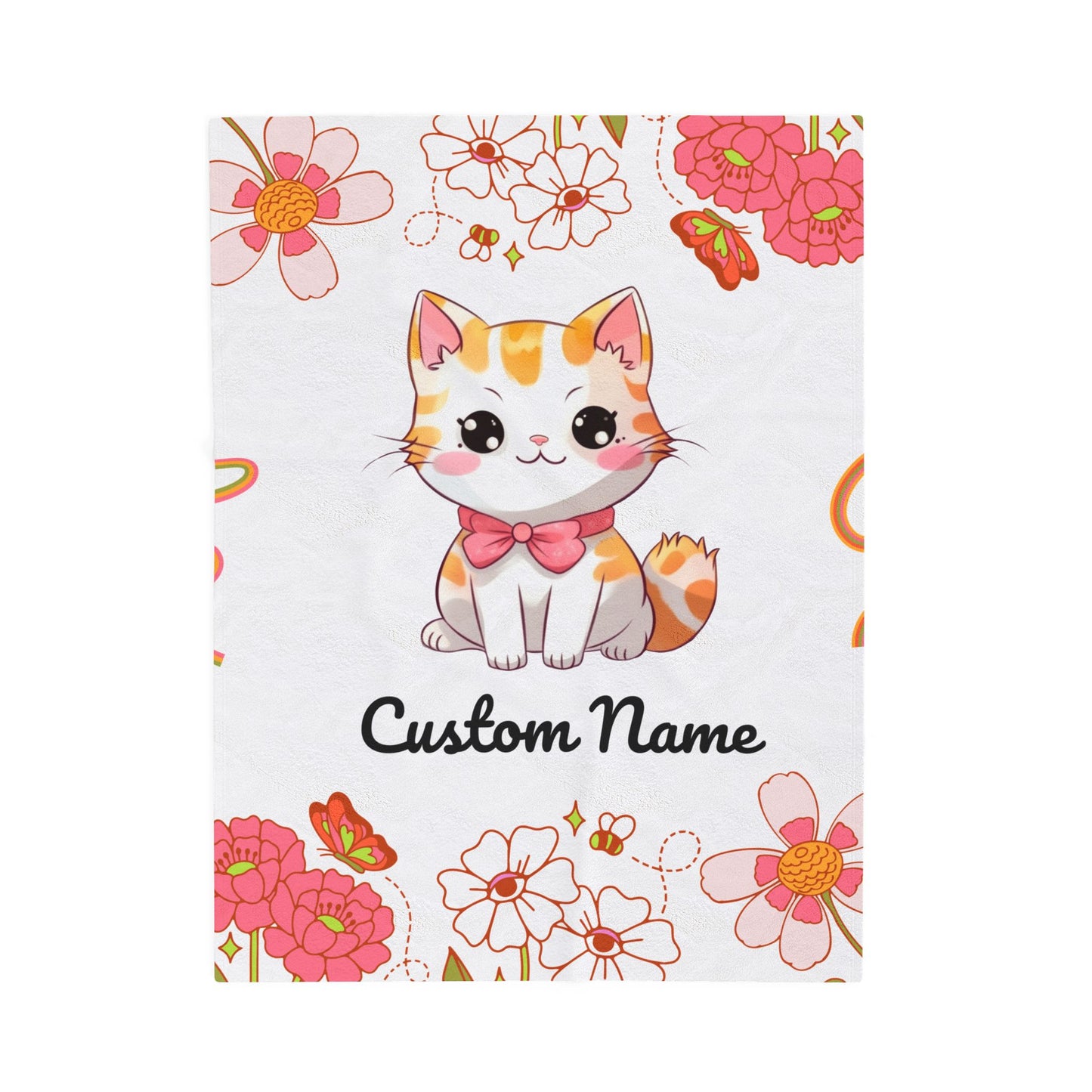 Custom Cat Plush Blanket, Personalized Velveteen Blanket for Kids, Cozy Cat Themed Gift, Baby Shower Blanket, Floral Comfort Throw