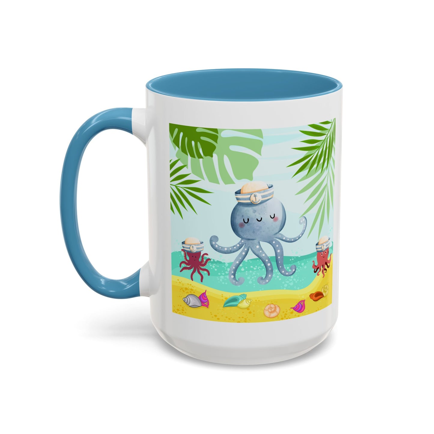 Octopus on a beach scene with tropical Coffee Mug