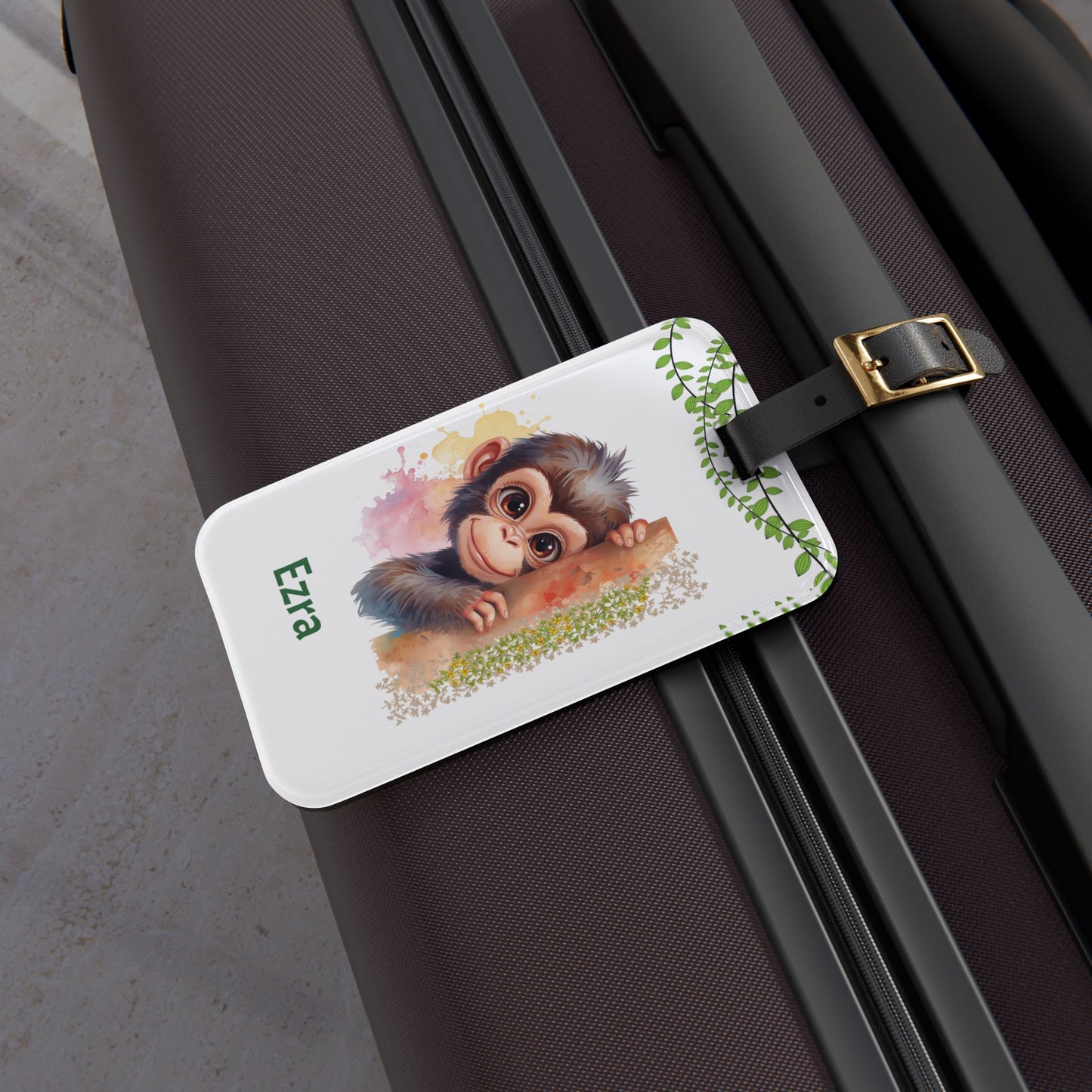 Personalized Monkey Luggage Tag – Cute Baby Chimp Name Travel ID (Ezra)