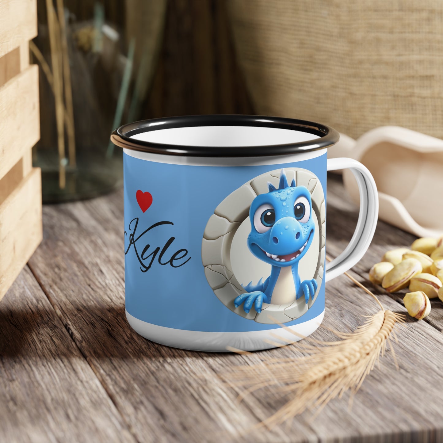 Enamel Camp Cup — Cute Blue Dragon Personalized Camping Mug (Name: Kyle)