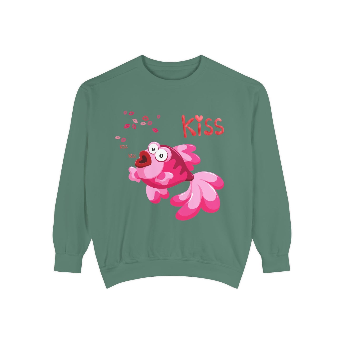 Pink fish with open mouth and kiss Unisex Garment-Dyed Sweatshirt