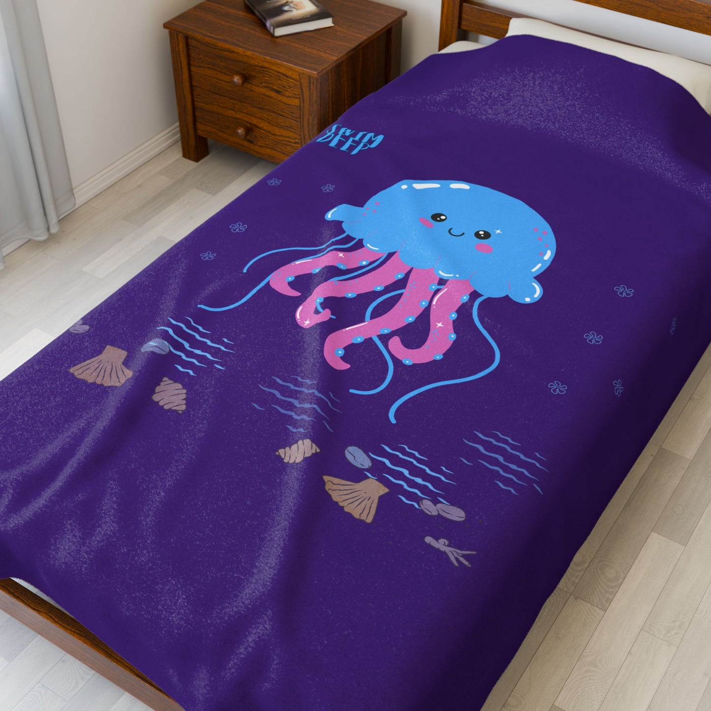 Blue jellyfish with pink tentacles Velveteen Plush Blanket