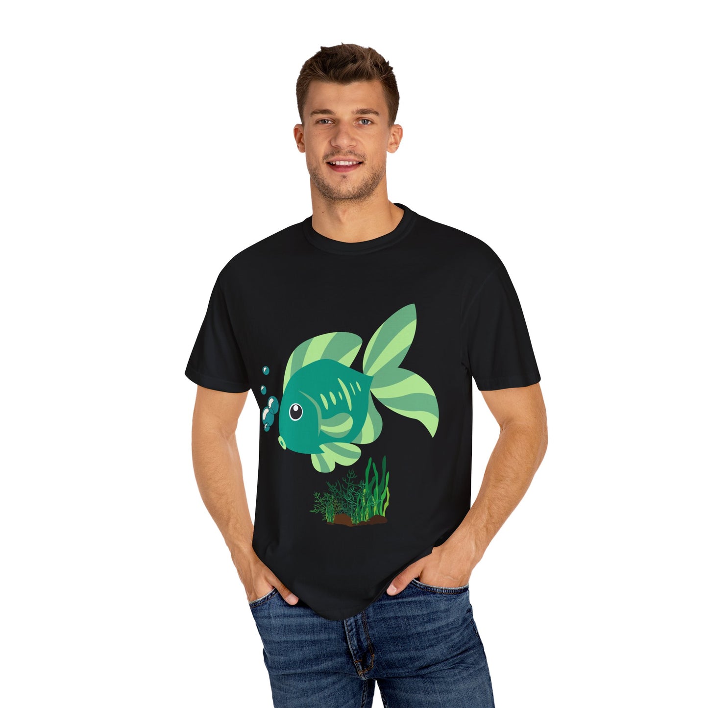 Green fish with bubbles and aquatic plants Unisex Garment-Dyed T-shirt