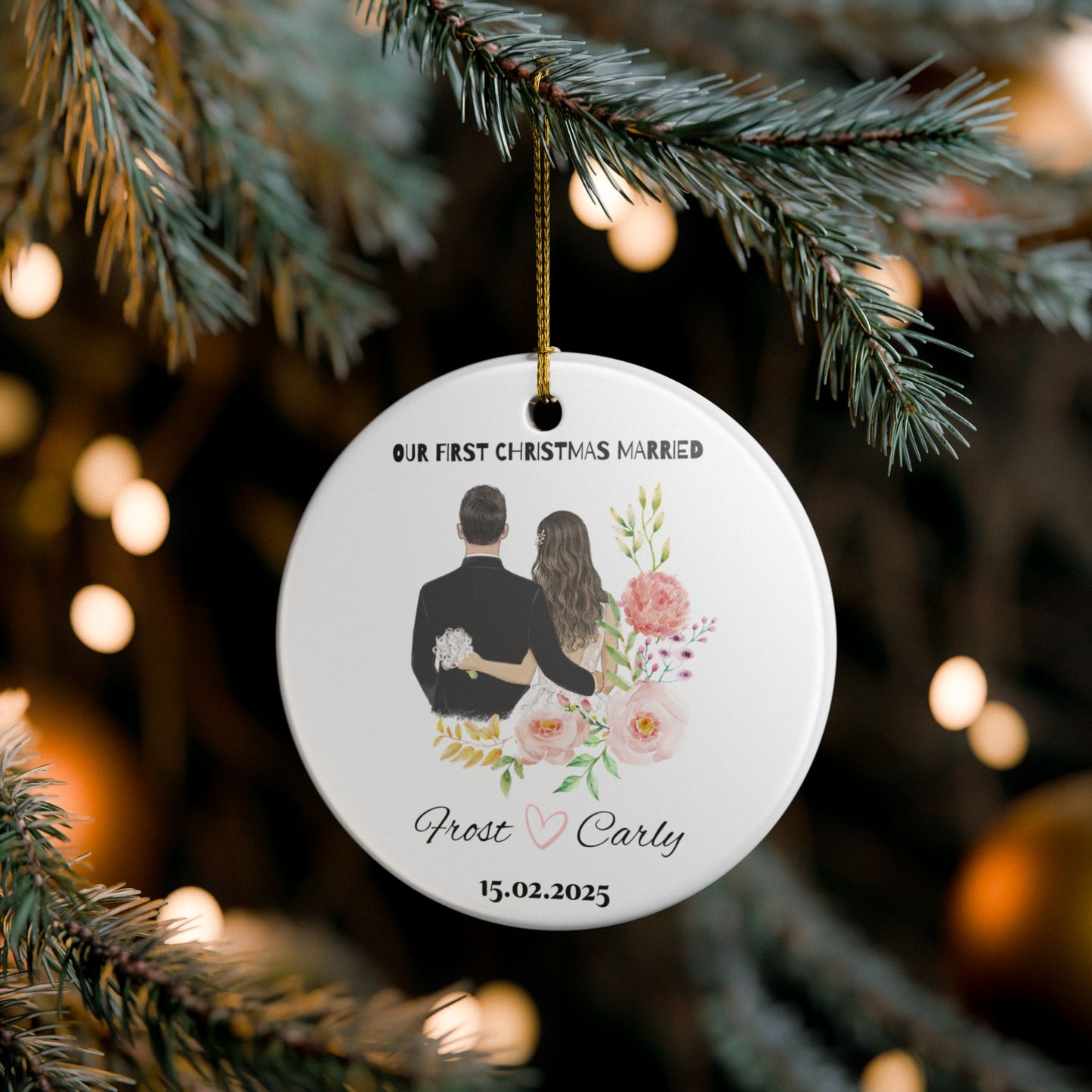 Personalized Wedding Ornament, First Christmas Married Decoration, Newlywed Gift, Couple Keepsake, Floral Holiday Decor