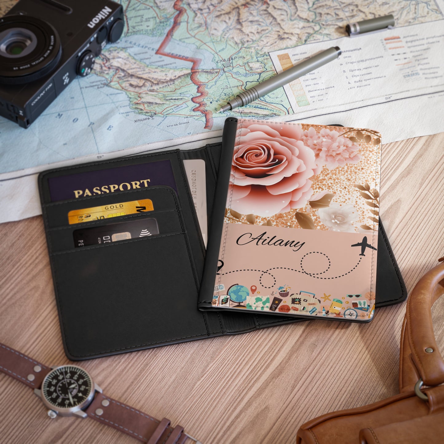 Floral Travel Passport Cover — Personalized Rose Globe Design