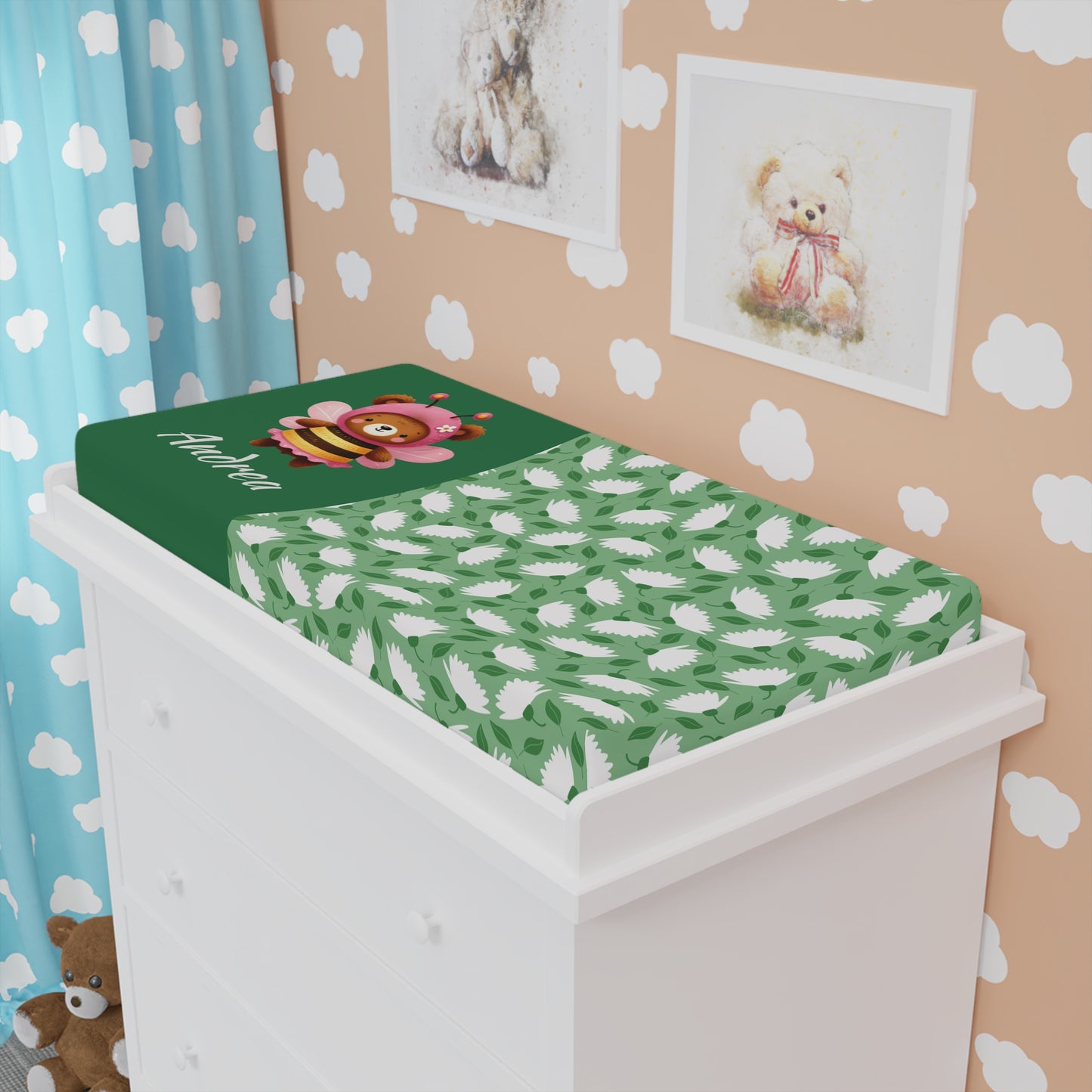 Personalized Green Floral Baby Changing Pad Cover with Cute Bee Name Design
