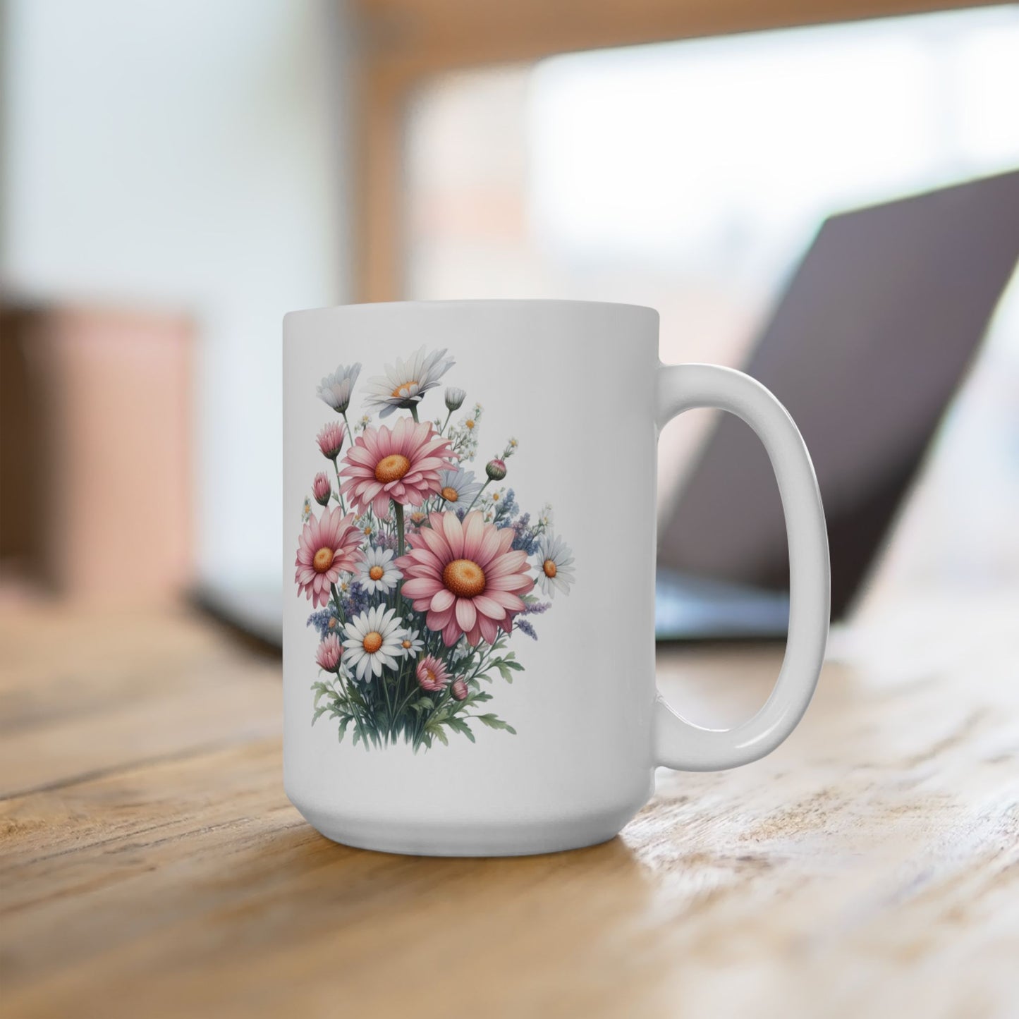 Floral Bouquet Ceramic Mug (11oz & 15oz) — Pink Daisy Coffee Cup