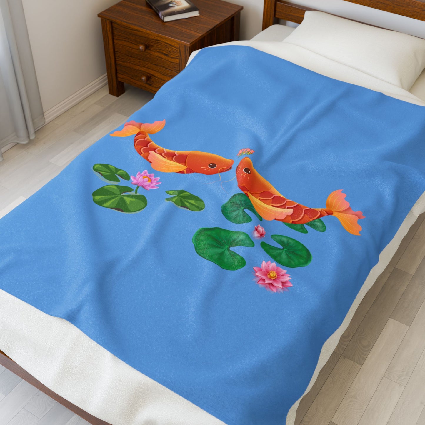 Golden koi fish with lotus flowers Velveteen Plush Blanket