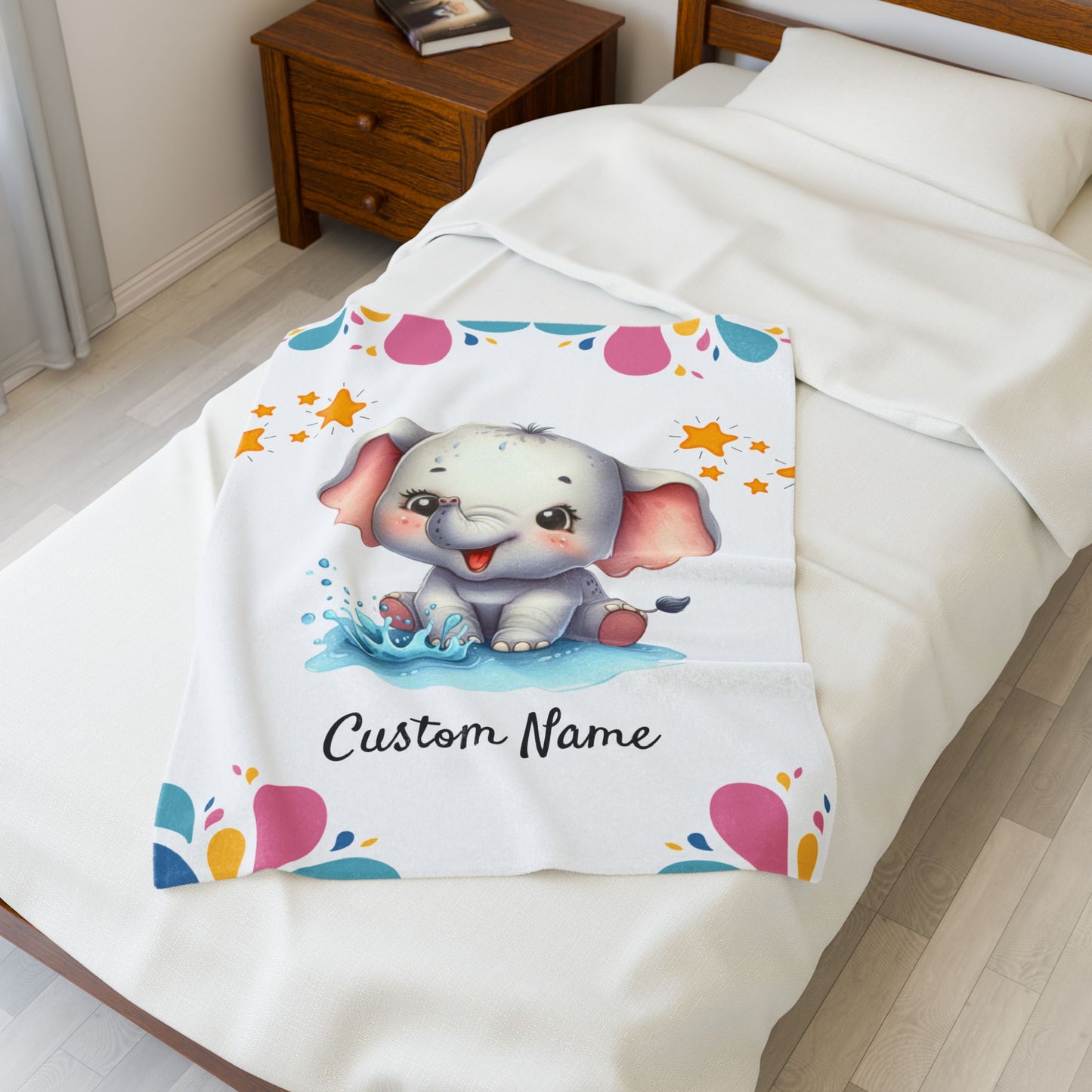 Customizable Baby Elephant Velveteen Blanket, Personalized Baby Gift, Nursery Decor, Soft Plush Blanket, Baby Shower Present, Cozy Throw