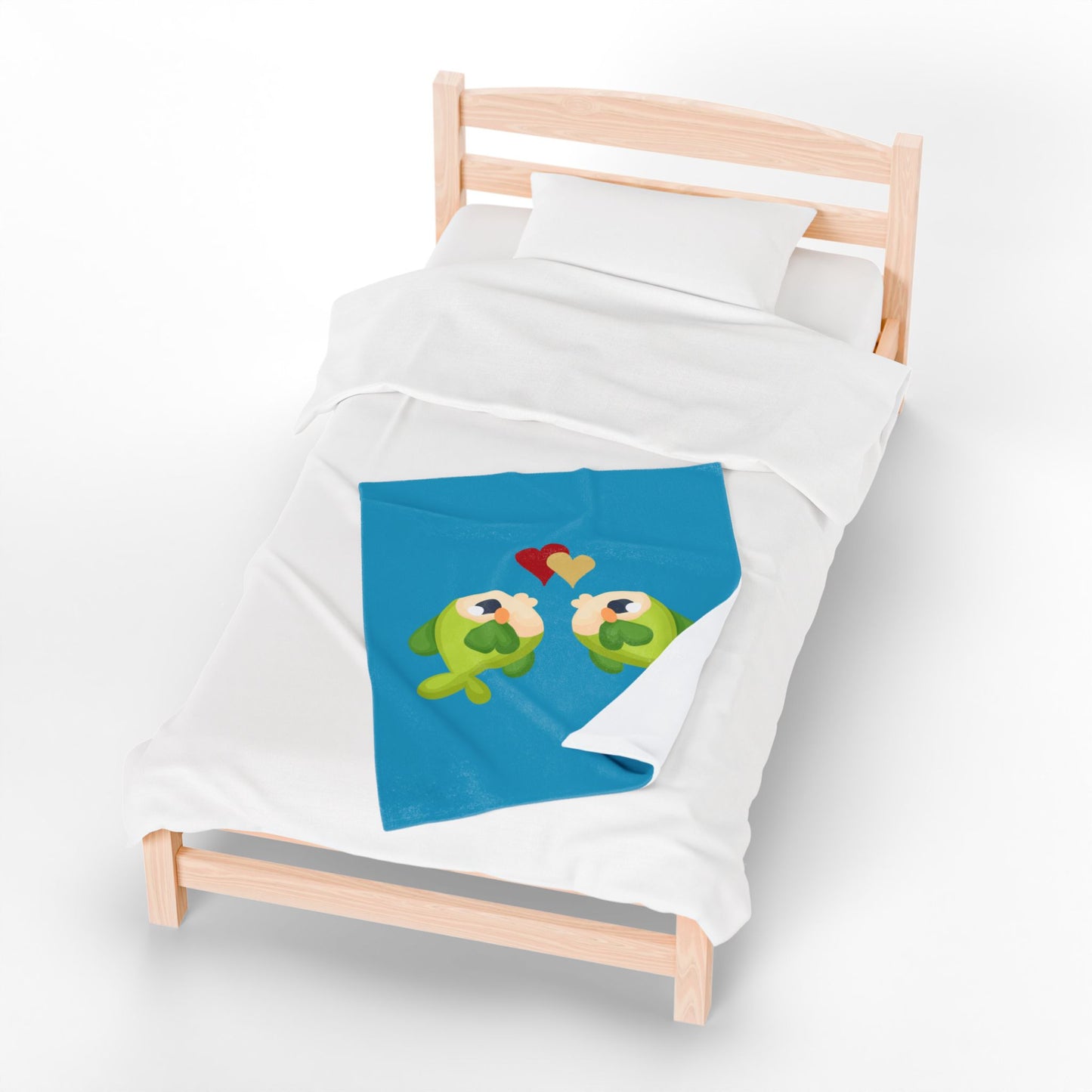 Two hearts float between the fish one red and one yellow Velveteen Plush Blanket
