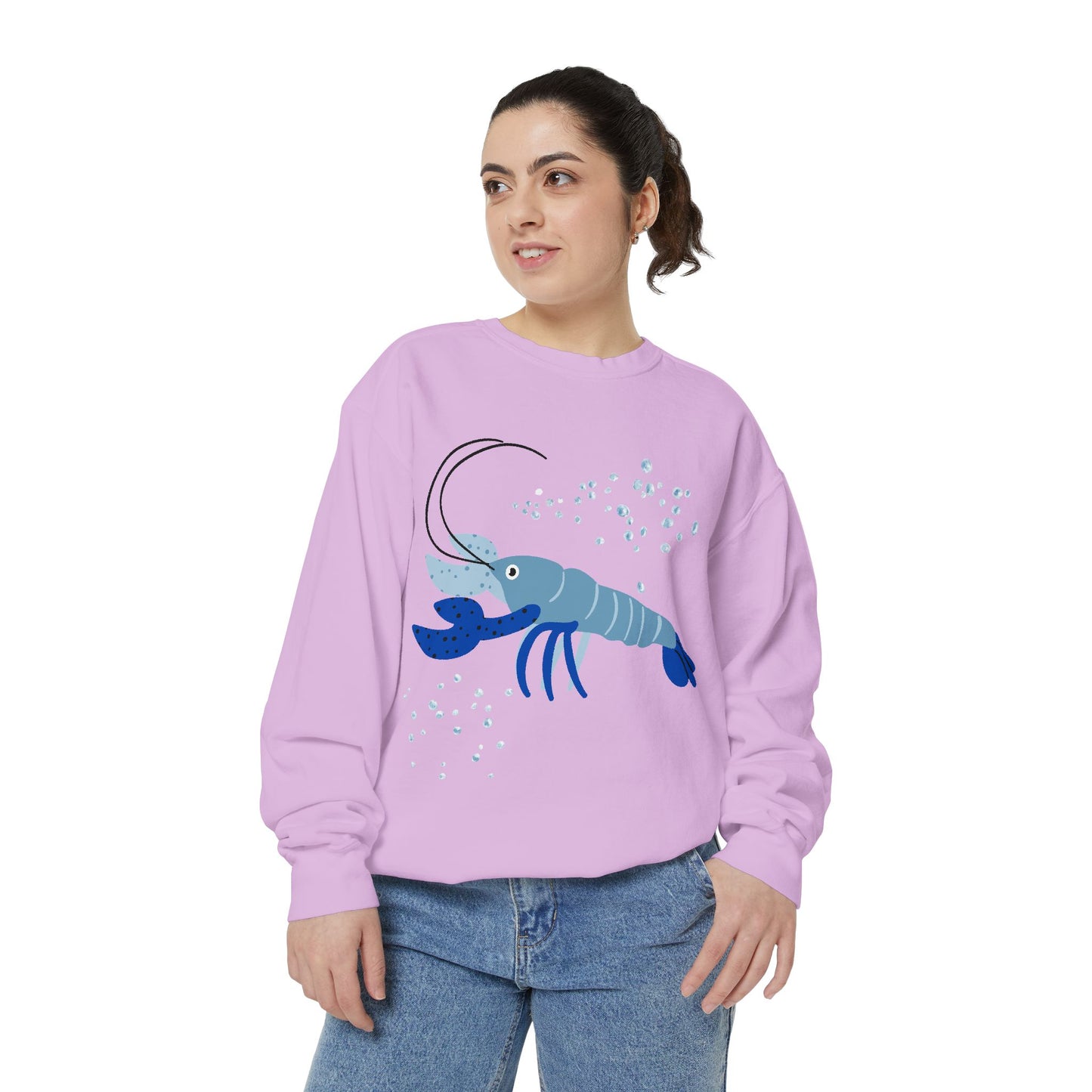 Blue shrimp with dark blue claws and bubbles Unisex Garment-Dyed Sweatshirt
