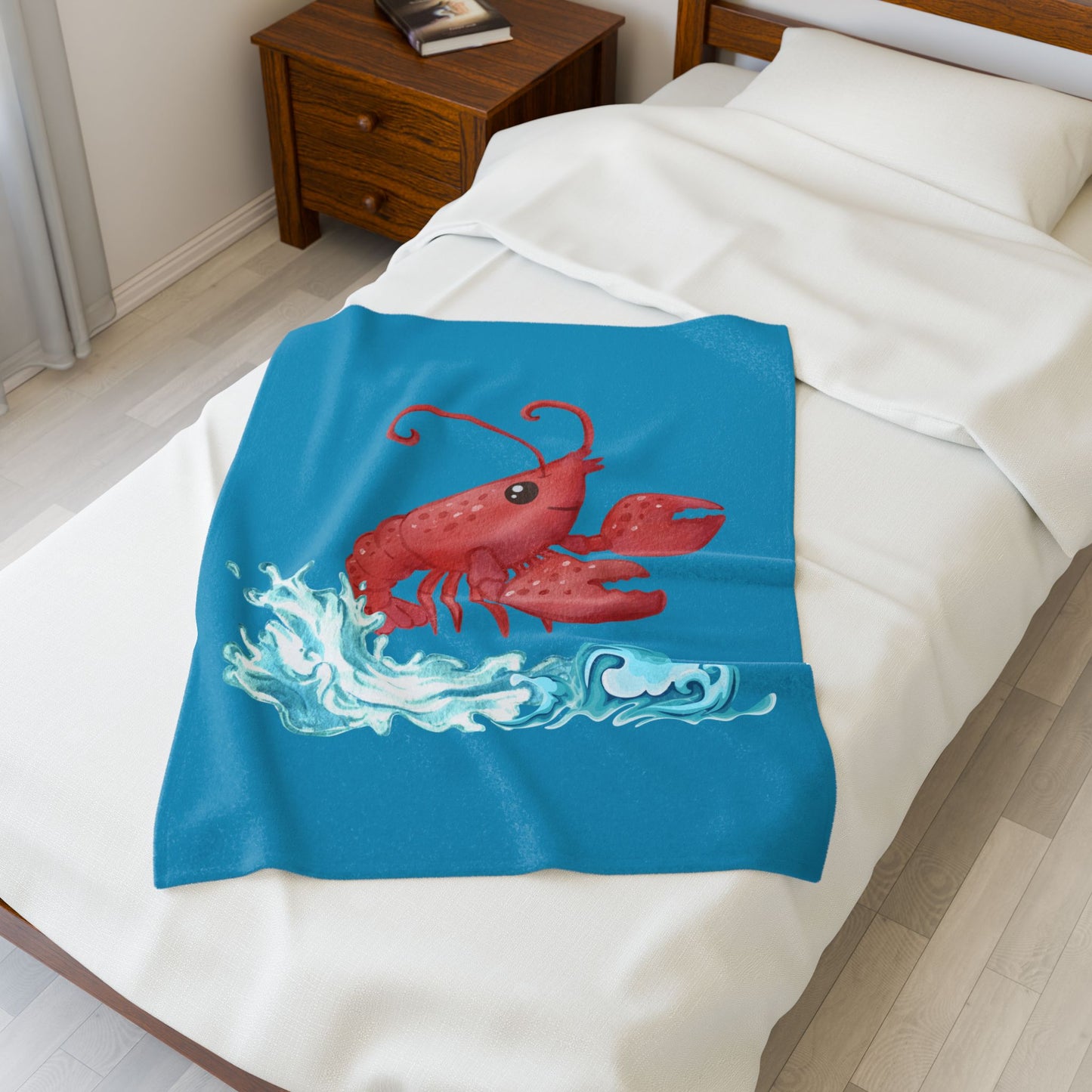 Cheerful red lobster emerging from stylized blue waves Velveteen Plush Blanket