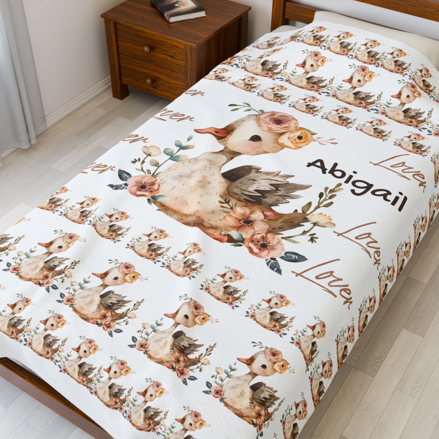 Personalized Velveteen Plush Blanket with Floral Duck Design | Cozy Gift for Baby Nursery, Birthday, Baby Shower, New Parents
