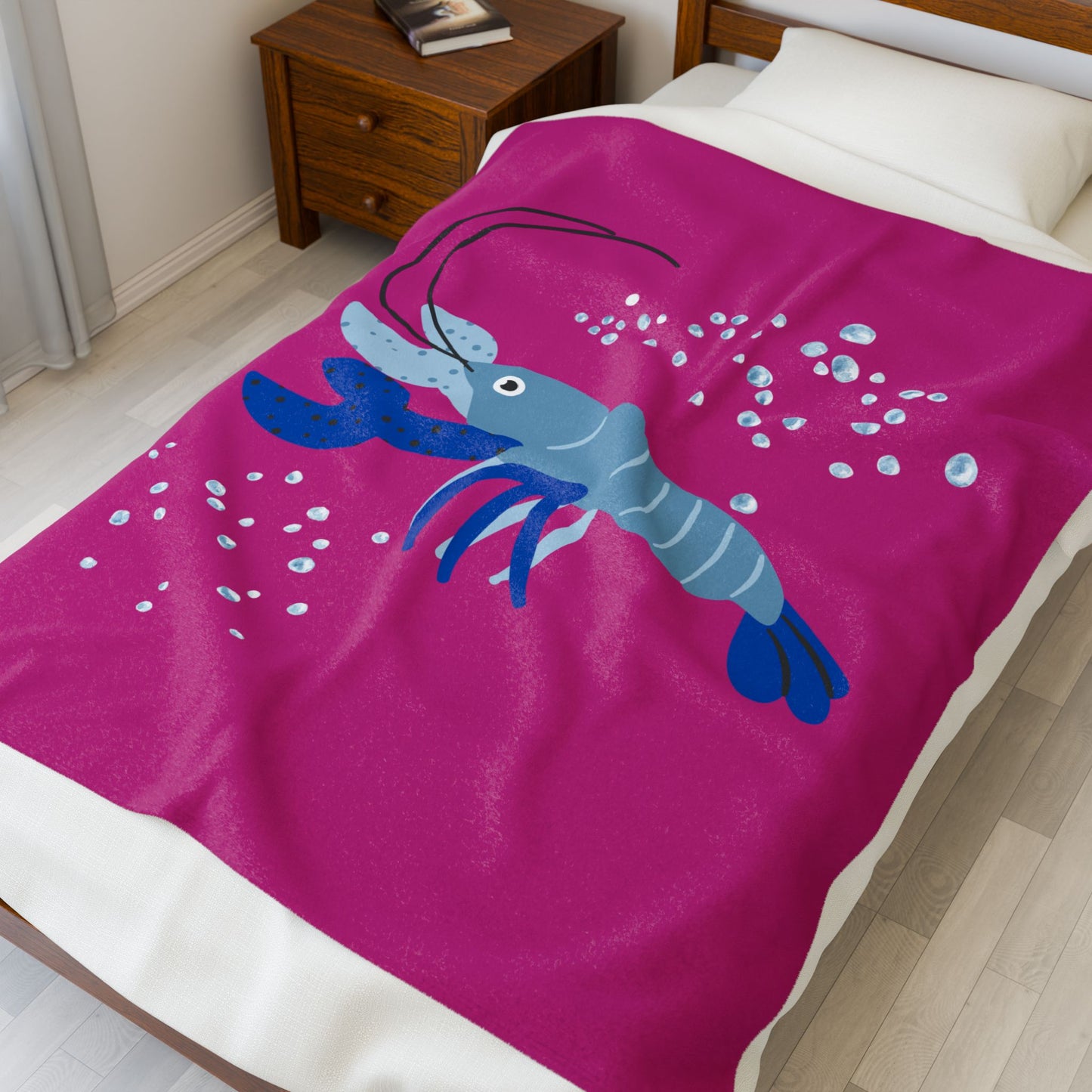 Blue shrimp with dark blue claws and bubbles Velveteen Plush Blanket