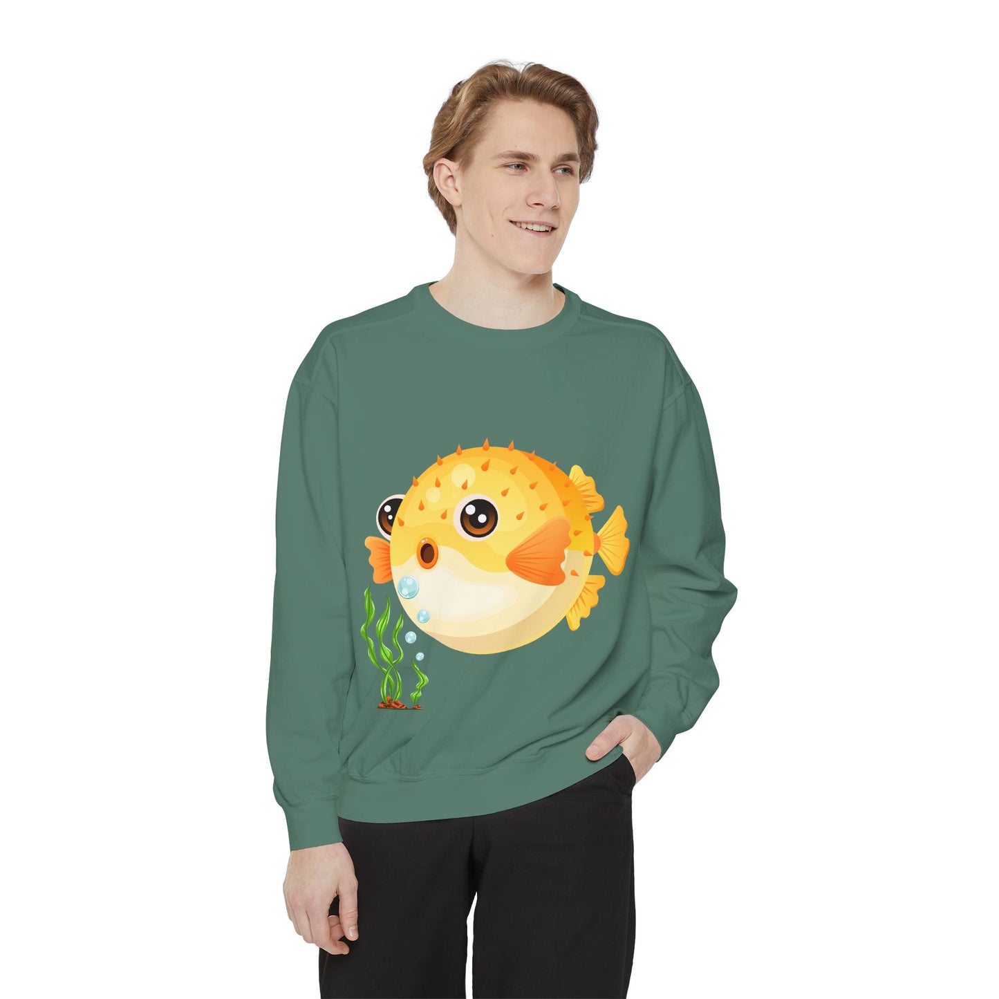 Cartoon Pufferfish with seaweed Unisex Garment-Dyed Sweatshirt