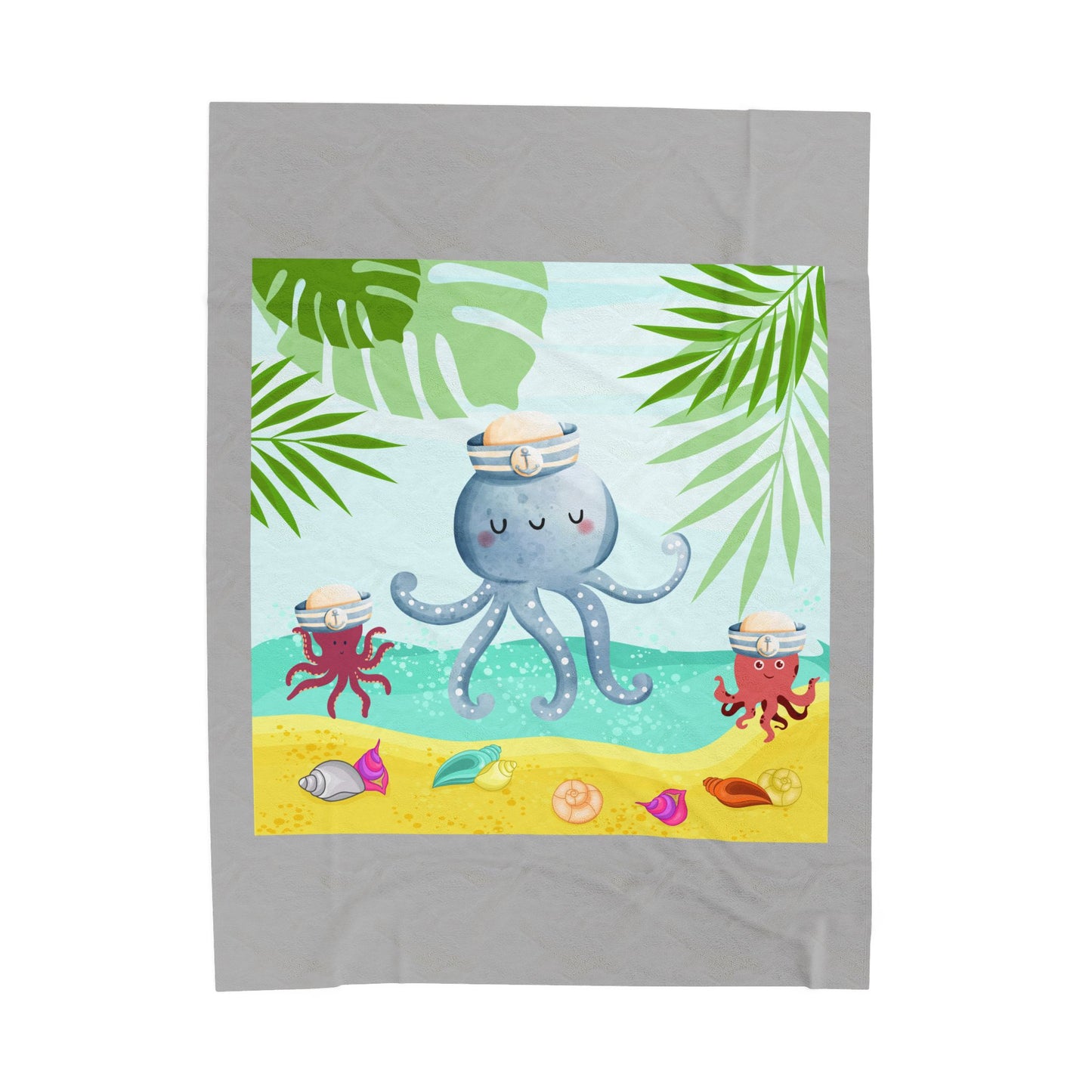 Octopus on a beach scene with tropical Velveteen Plush Blanket