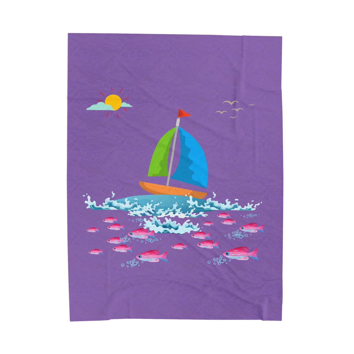 Sailboat and Red fish Velveteen Plush Blanket