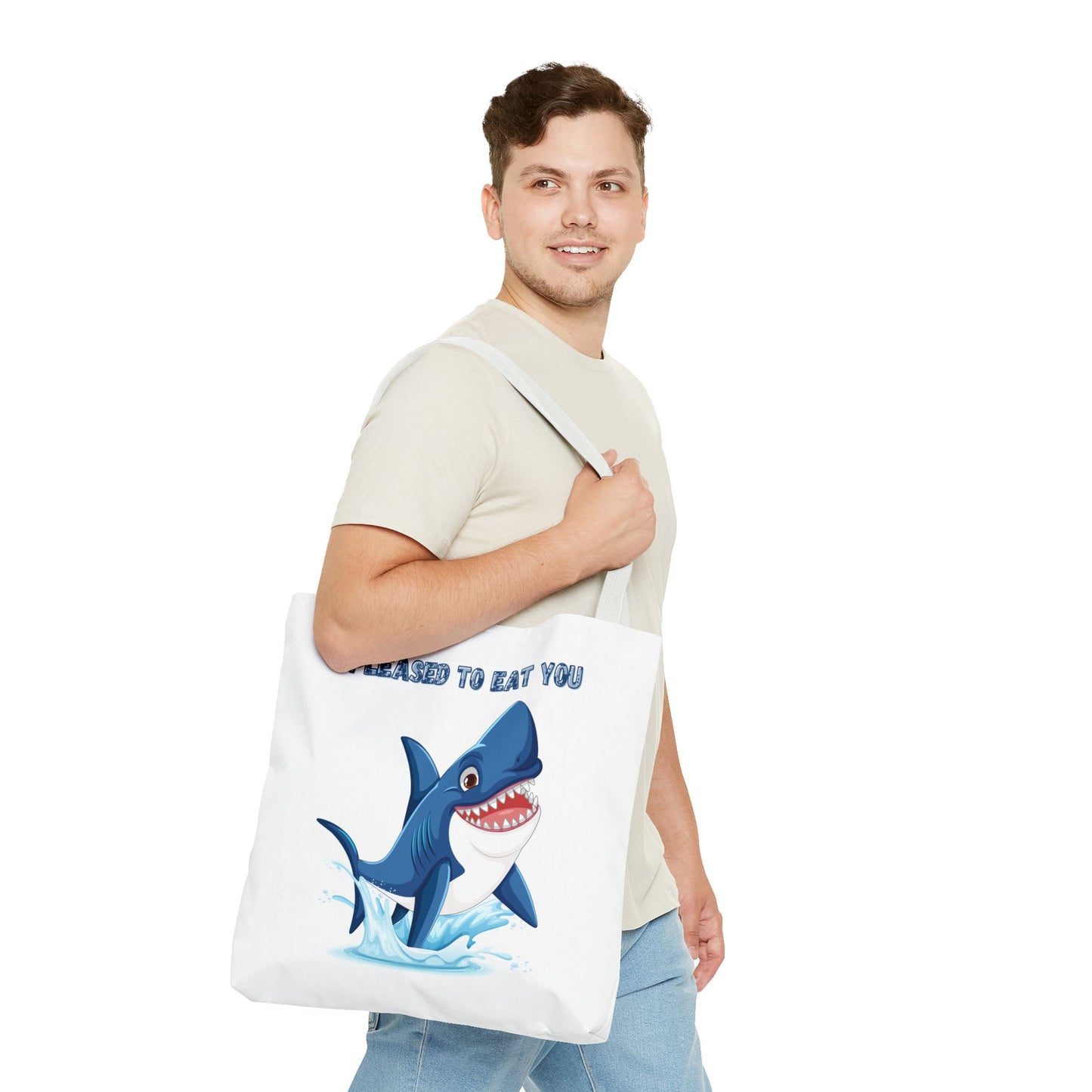 Humorous cartoon shark with threatening text Tote Bag