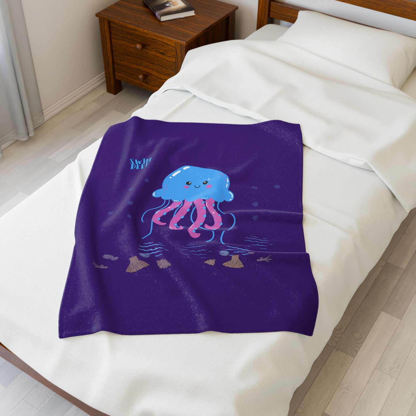 Blue jellyfish with pink tentacles Velveteen Plush Blanket