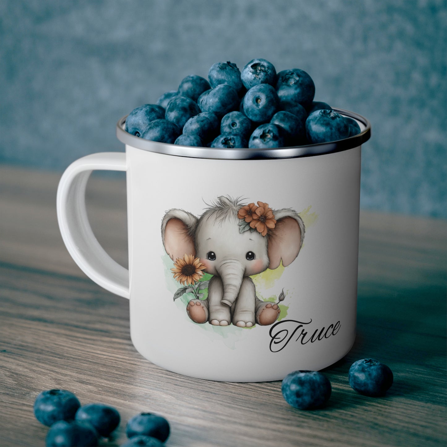 Cute Baby Elephant Enamel Camping Mug — Personalized Name 'Truce' Gift for Baby Shower & Outdoor Lovers