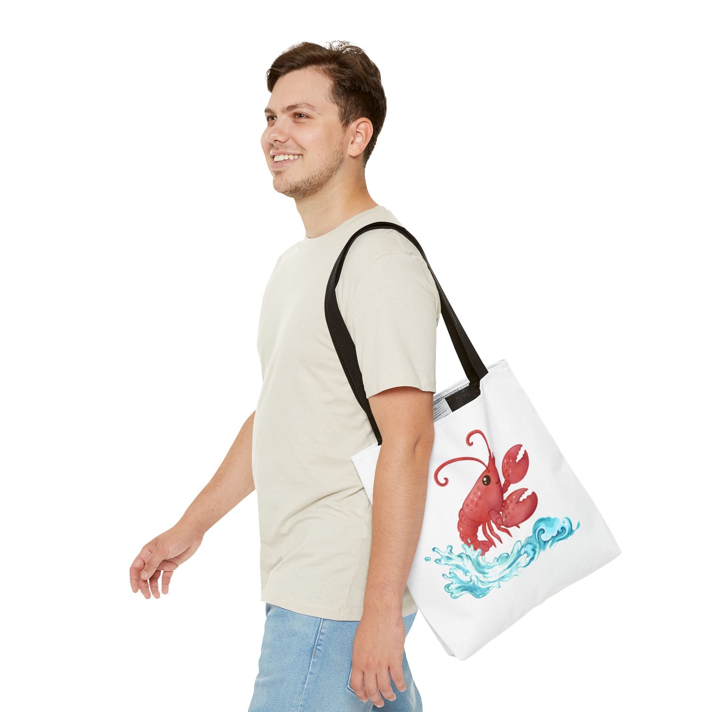 Cheerful red lobster emerging from stylized blue waves Tote Bag