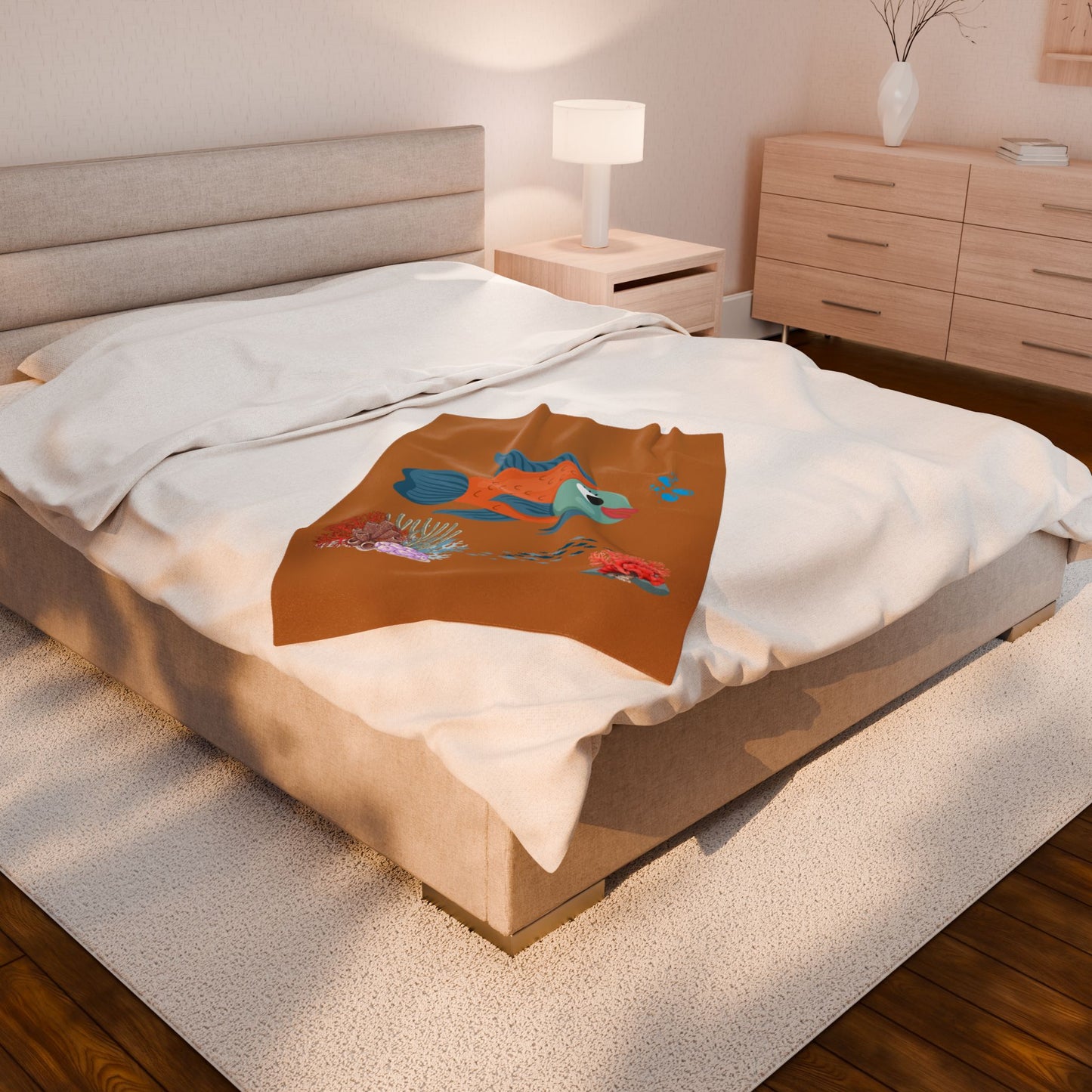 Orange and blue fish with coral and bubble Velveteen Plush Blanket
