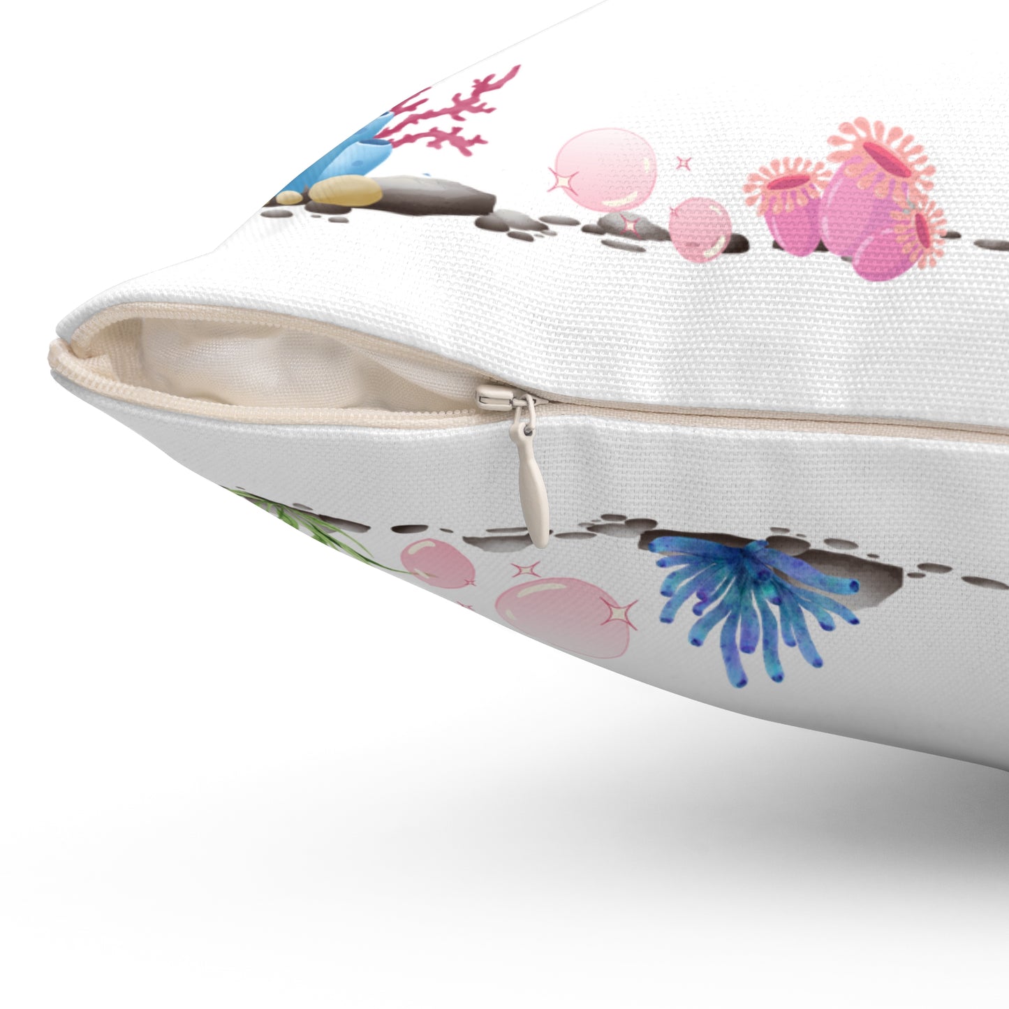 Crab with subtle bubbles and underwater flora Spun Polyester Square Pillow